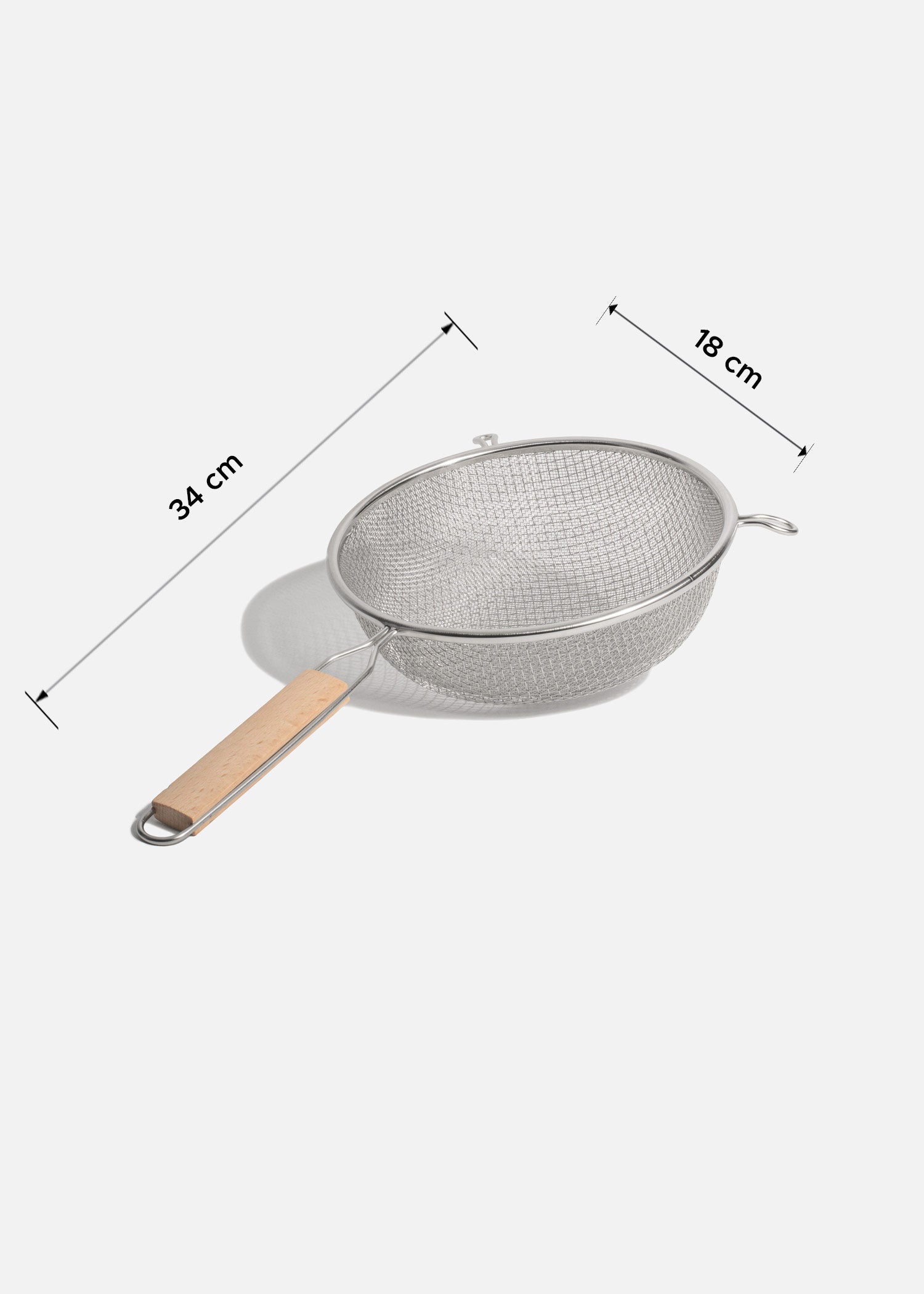 Coladores de acero inoxidable plata doble malla mango de madera 14, 18, 20 y 27 cm