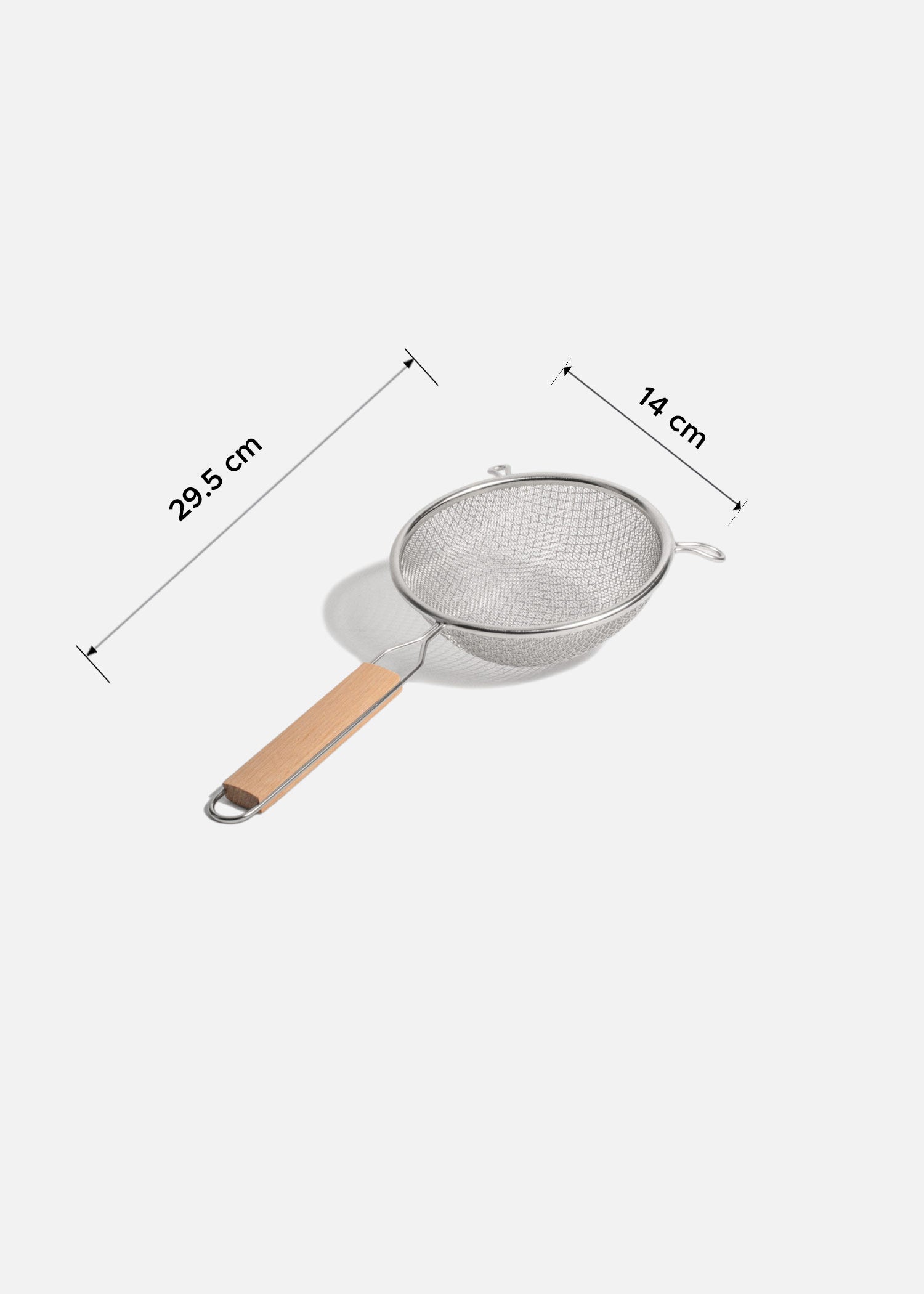 Coladores de acero inoxidable plata doble malla mango de madera 14, 18, 20 y 27 cm