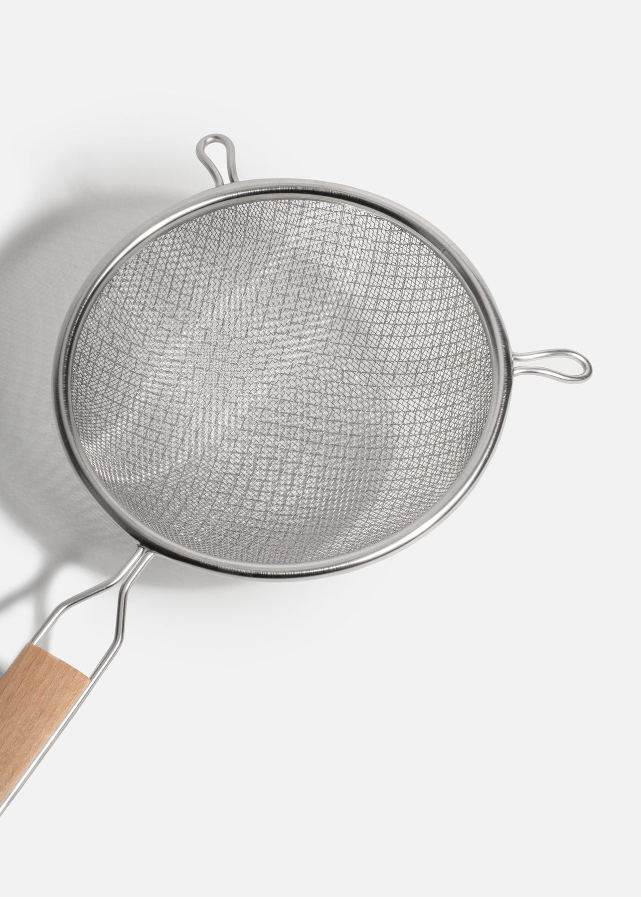 Coladores de acero inoxidable plata doble malla mango de madera 14, 18, 20 y 27 cm