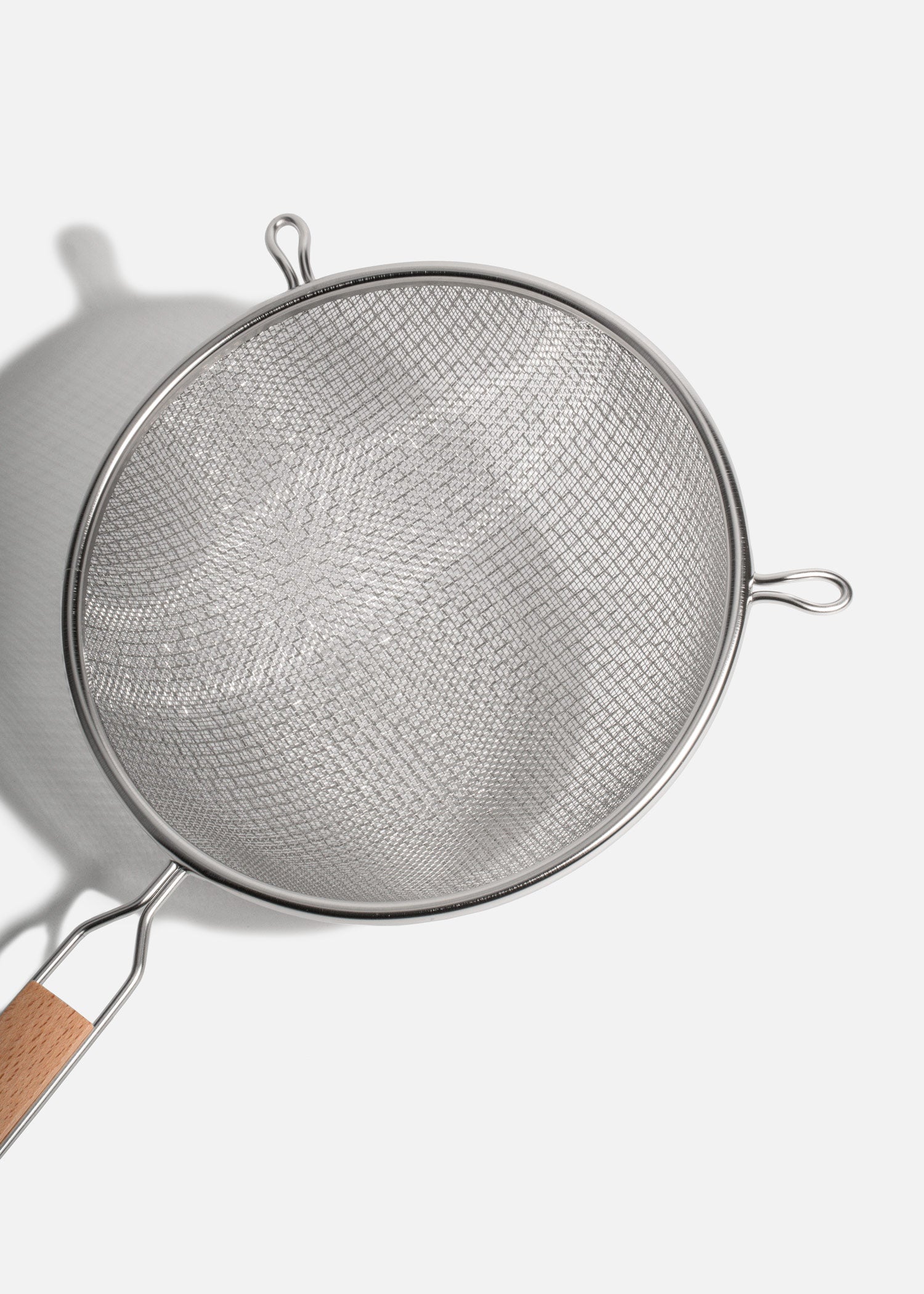 Coladores de acero inoxidable plata doble malla mango de madera 14, 18, 20 y 27 cm