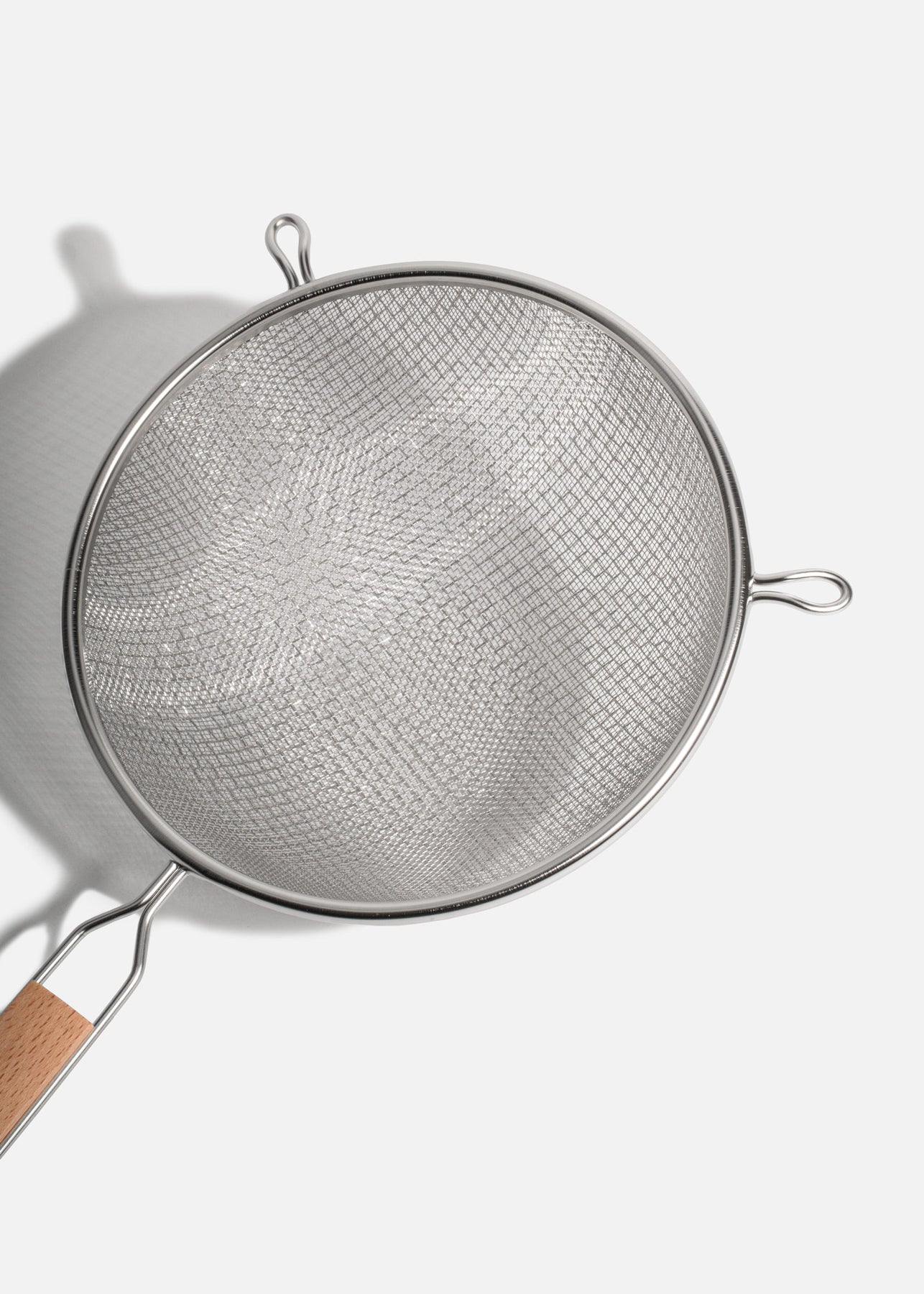 Coladores de acero inoxidable plata doble malla mango de madera 14, 18, 20 y 27 cm