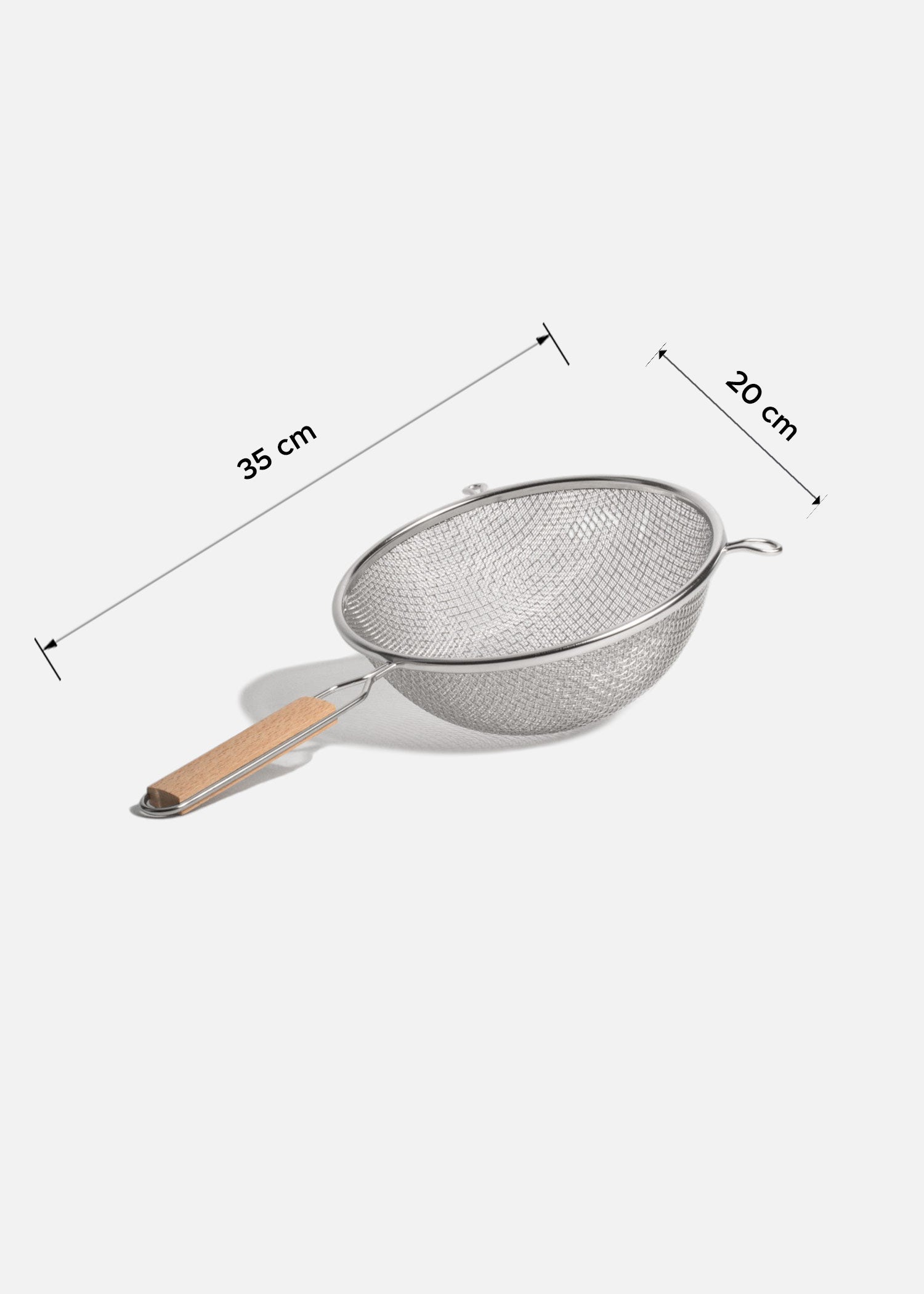 Coladores de acero inoxidable plata doble malla mango de madera 14, 18, 20 y 27 cm