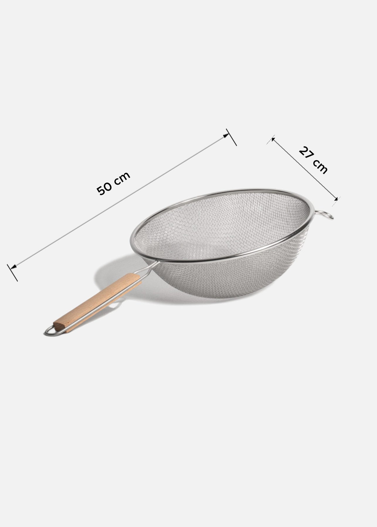 Coladores de acero inoxidable plata doble malla mango de madera 14, 18, 20 y 27 cm