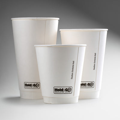 Vasos de papel blanco doble pared para café Hold & Go 20, 16 y 12 oz. Premium