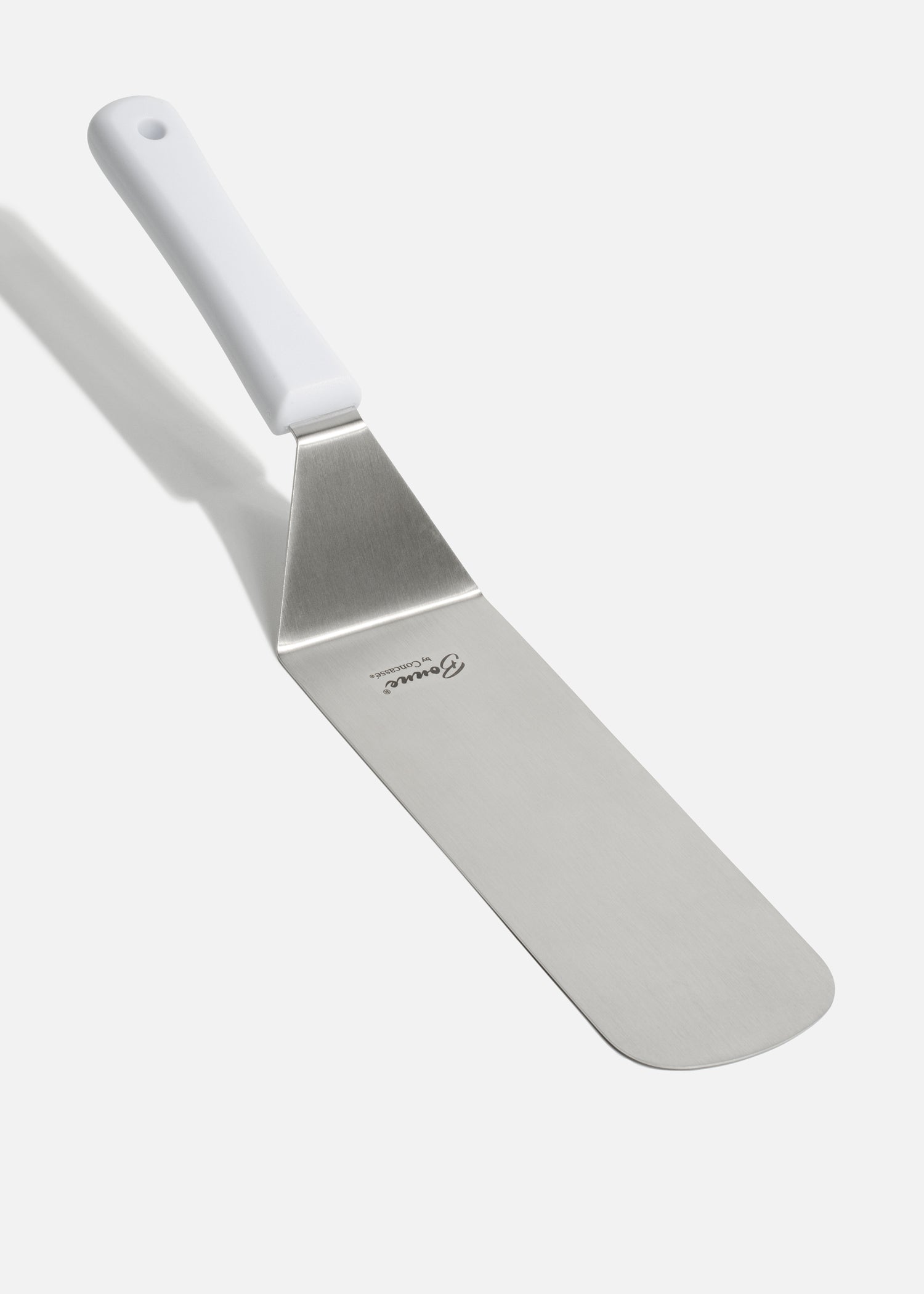 Volteador de cocina para pizza de acero inoxidable con mango de nylon blanco 8"x 3". Premium