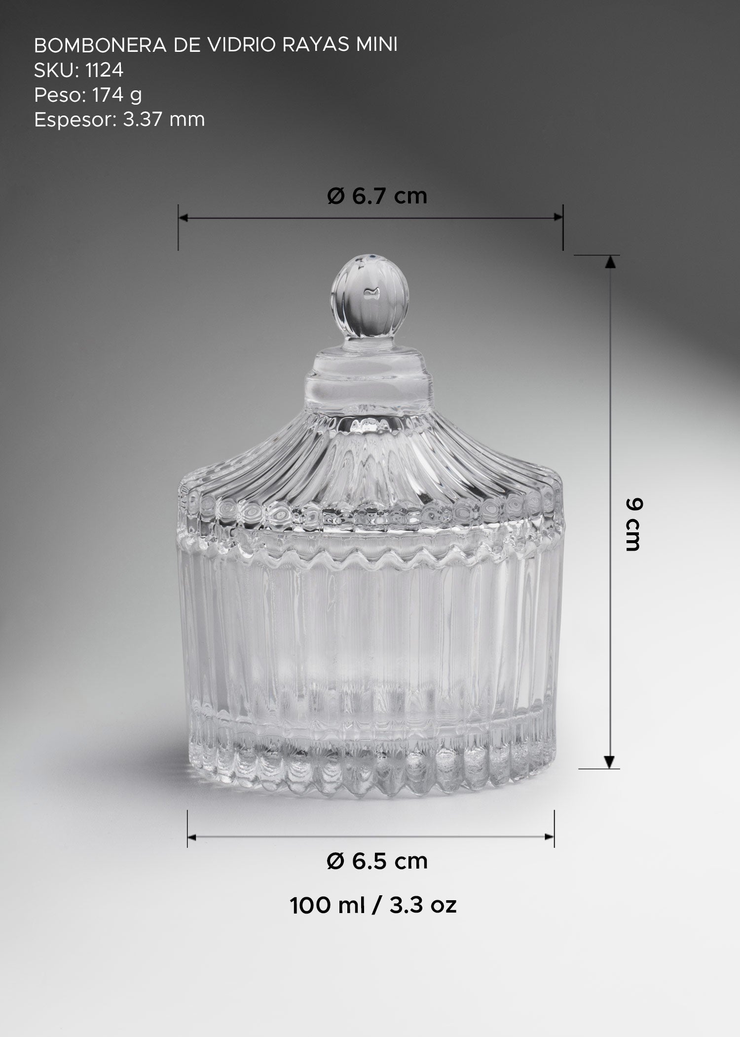 Bomboneras de vidrio con rayas transparente 100, 290 y 550 ml