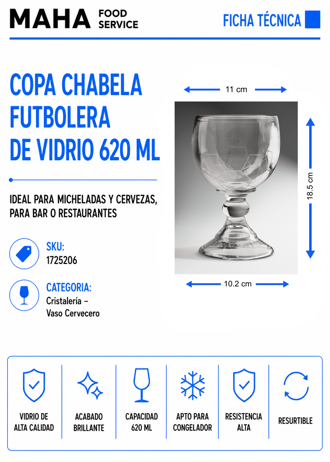 Copa chabela de vidrio transparente en forma de balón para micheladas y cervezas ideal para bar o restaurante 620 ml
