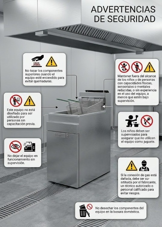 Freidora de gas LP de acero inoxidable con 3 quemadores 20 L y 2 canastillas gas LP