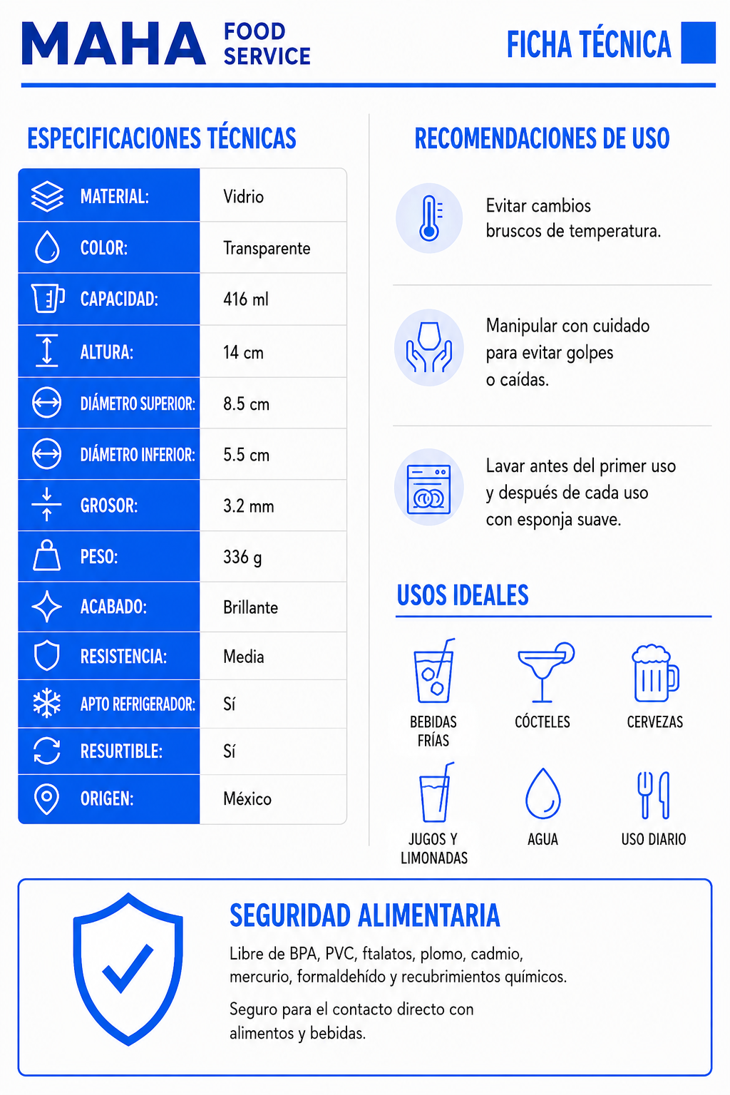 Vaso con relieve de balón de vidrio transparente resistente para restaurante bar o cafetería Sofe 416 ml