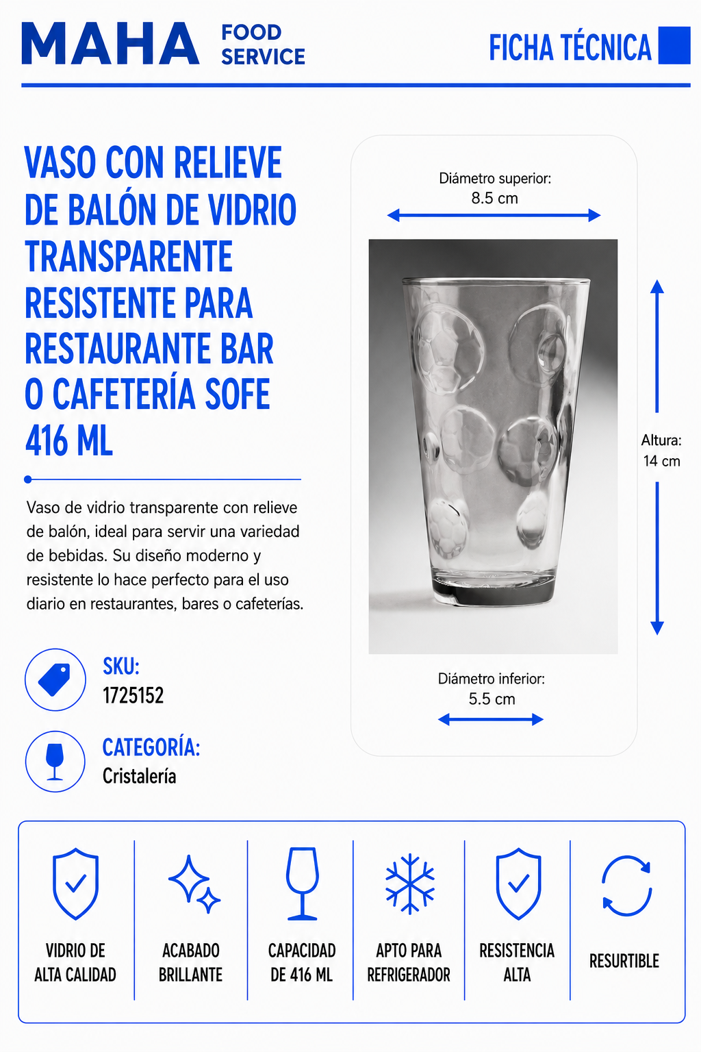 Vaso con relieve de balón de vidrio transparente resistente para restaurante bar o cafetería Sofe 416 ml