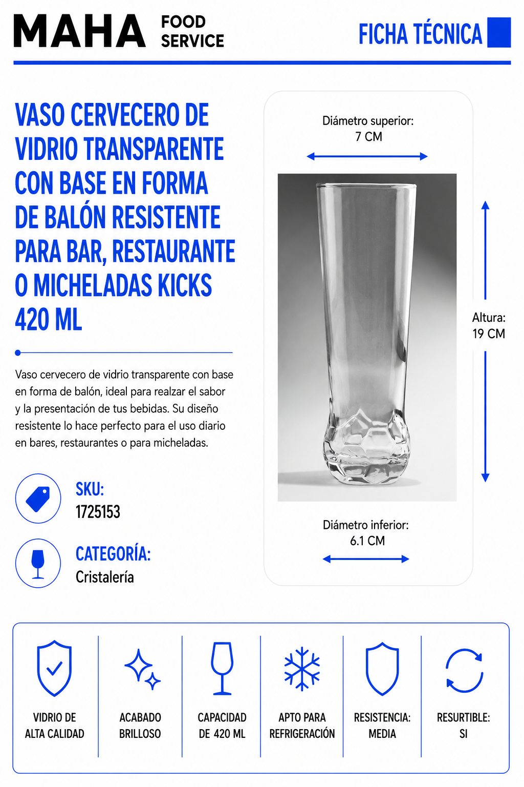 Vaso cervecero de vidrio transparente con base en forma de balón resistente para bar, restaurante o micheladas Kicks 420 ml