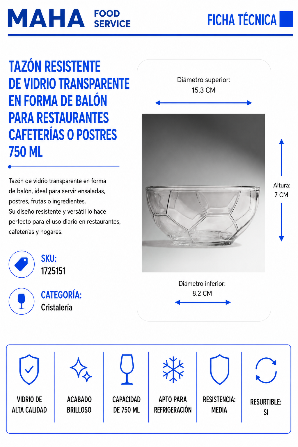 Tazón resistente de vidrio transparente en forma de balón para restaurantes cafeterías o postres 750 ml