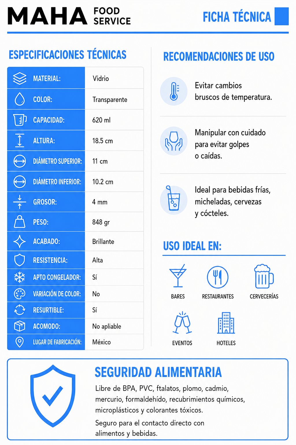 Copa chabela de vidrio transparente en forma de balón para micheladas y cervezas ideal para bar o restaurante 620 ml