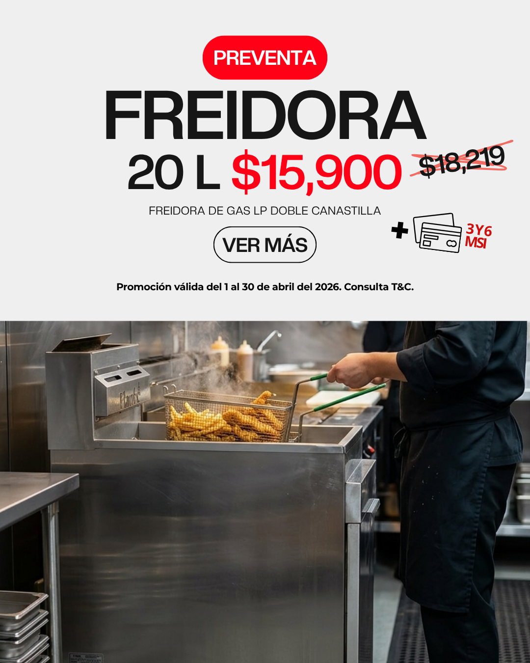 Freidora de gas LP de acero inoxidable con 3 quemadores 20 L y 2 canastillas gas LP