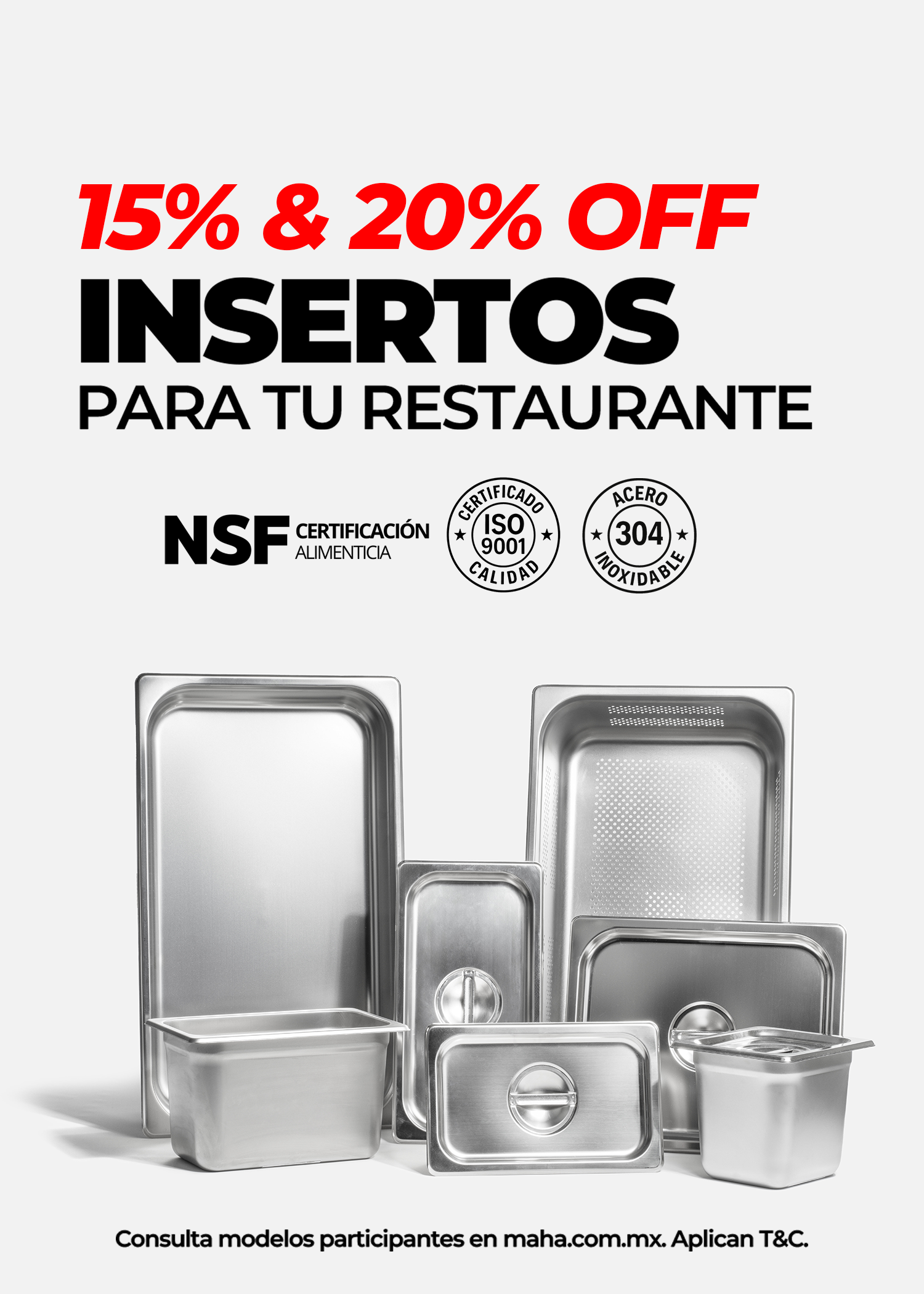 Inserto noveno de acero inoxidable quirúrgico NSF plata profundidad 4" / 10 cm 6"/ 15 cm. Premium