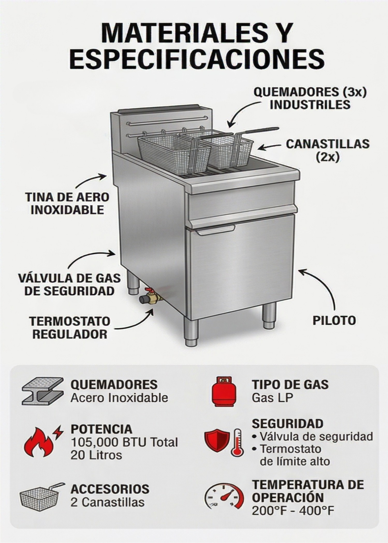 Freidora de gas LP de acero inoxidable con 3 quemadores 20 L y 2 canastillas gas LP