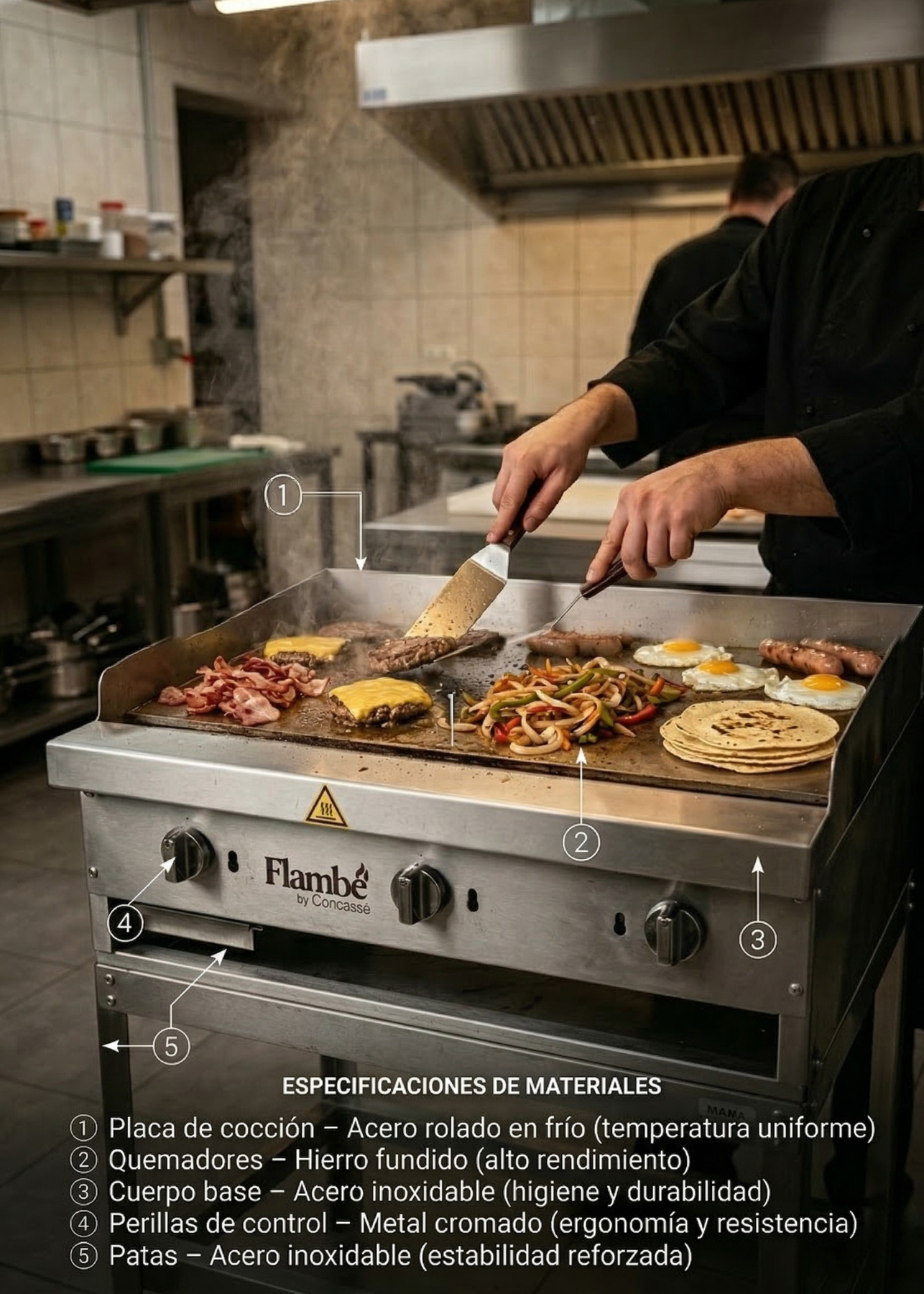 Plancha de acero inoxidable de gas 36", 3 quemadores 90,000 BUT, con placa de acero rolado en frío. Premium (Base por separado)