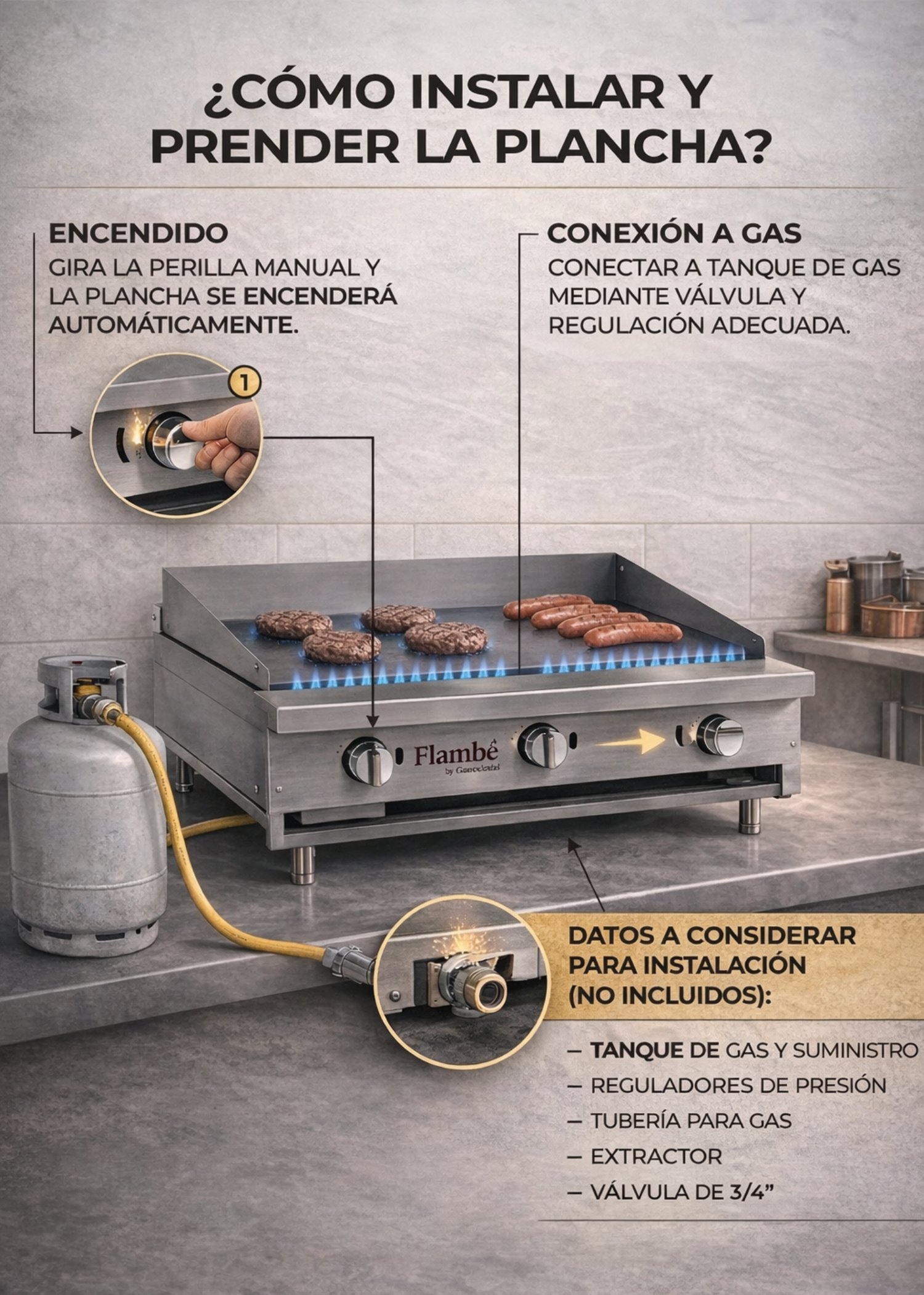 Plancha de acero inoxidable NSF de gas 36", 3 quemadores 69,000 BTU, con placa de acero rolado en frío. Premium (Base por separado)