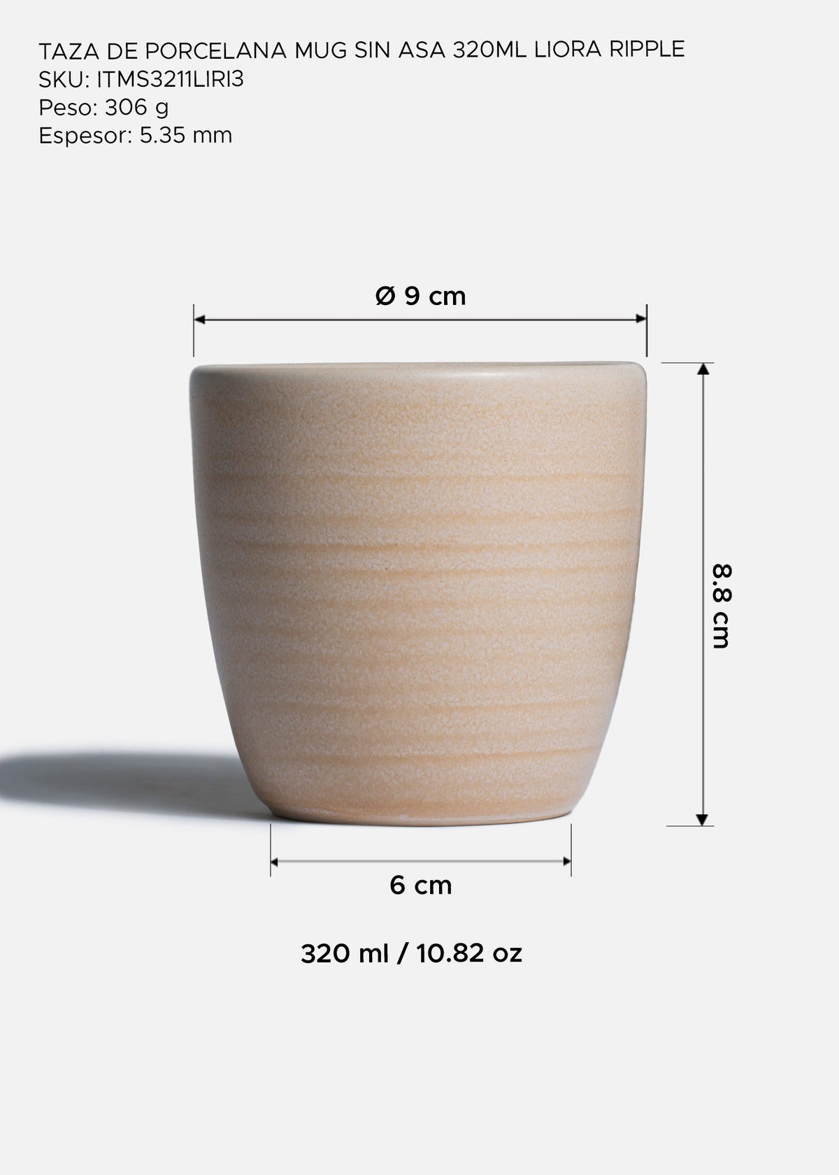 Taza de porcelana beige sin asa Liora Ripple 320 ml