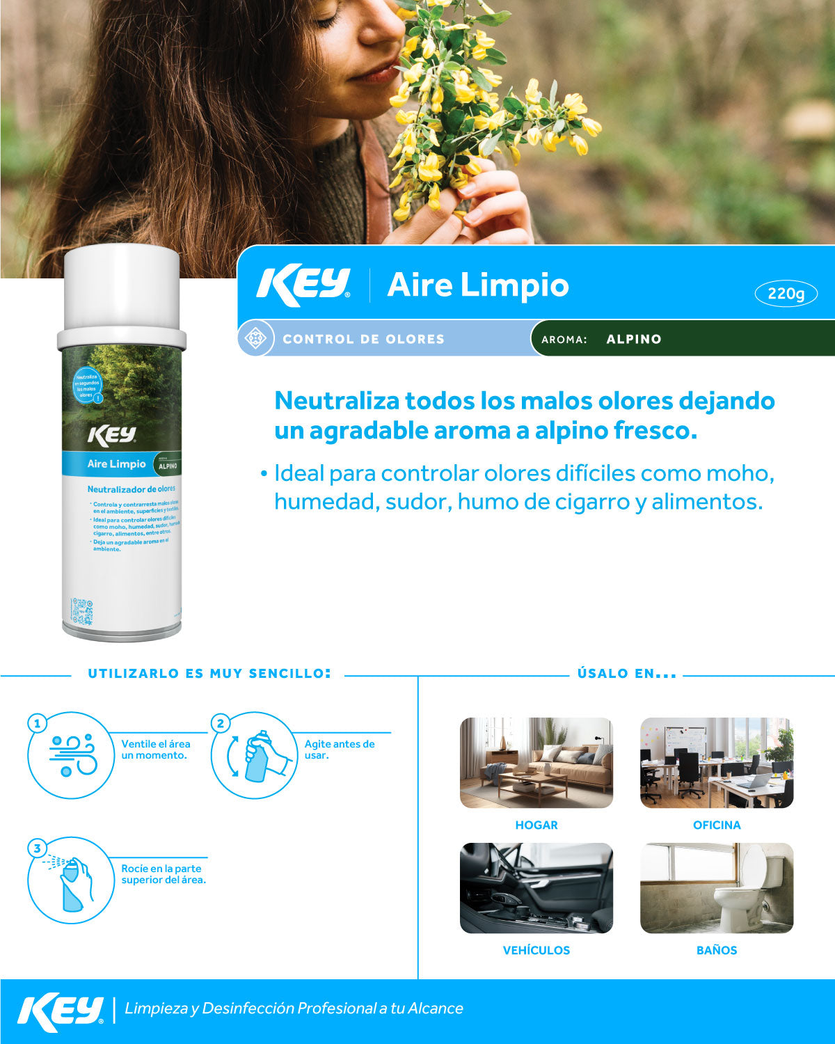 Aerosol profesional neutralizador de olores aire limpio aroma Alpino para baños, oficinas y restaurantes 220 gr
