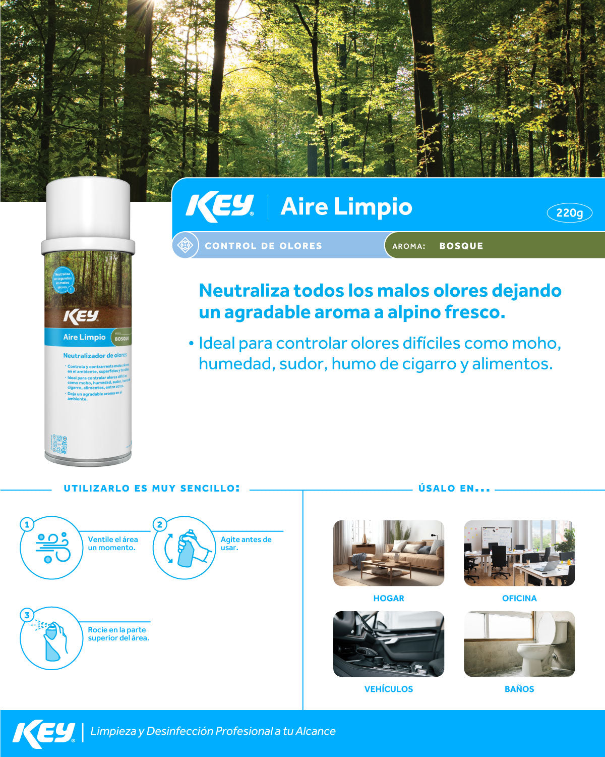 Aerosol profesional neutralizador de olores aire limpio aroma Bosque para baños, oficias y restaurantes 220 gr