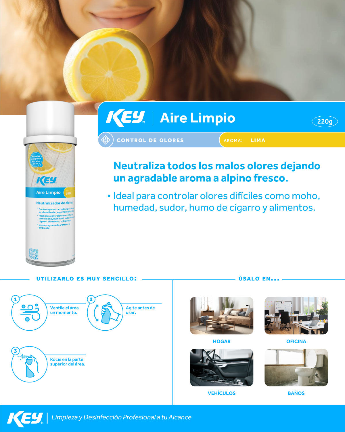 Aerosol profesional neutralizador de olores aire limpio aroma lima para baños, oficinas y restaurantes 220 g