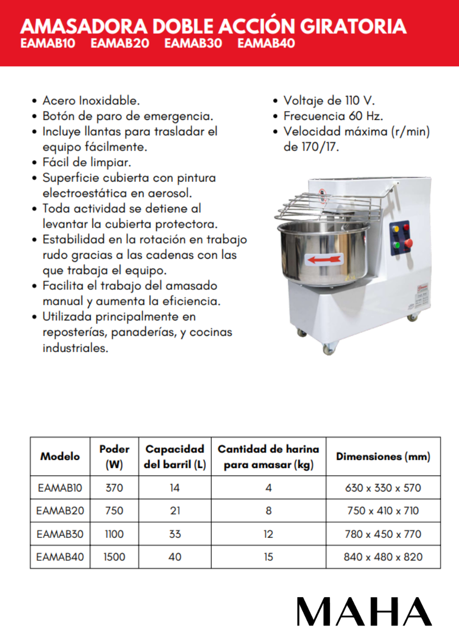 Amasadora doble acción giratoria de acero inoxidable 21 L volumen 8 kg capacidad