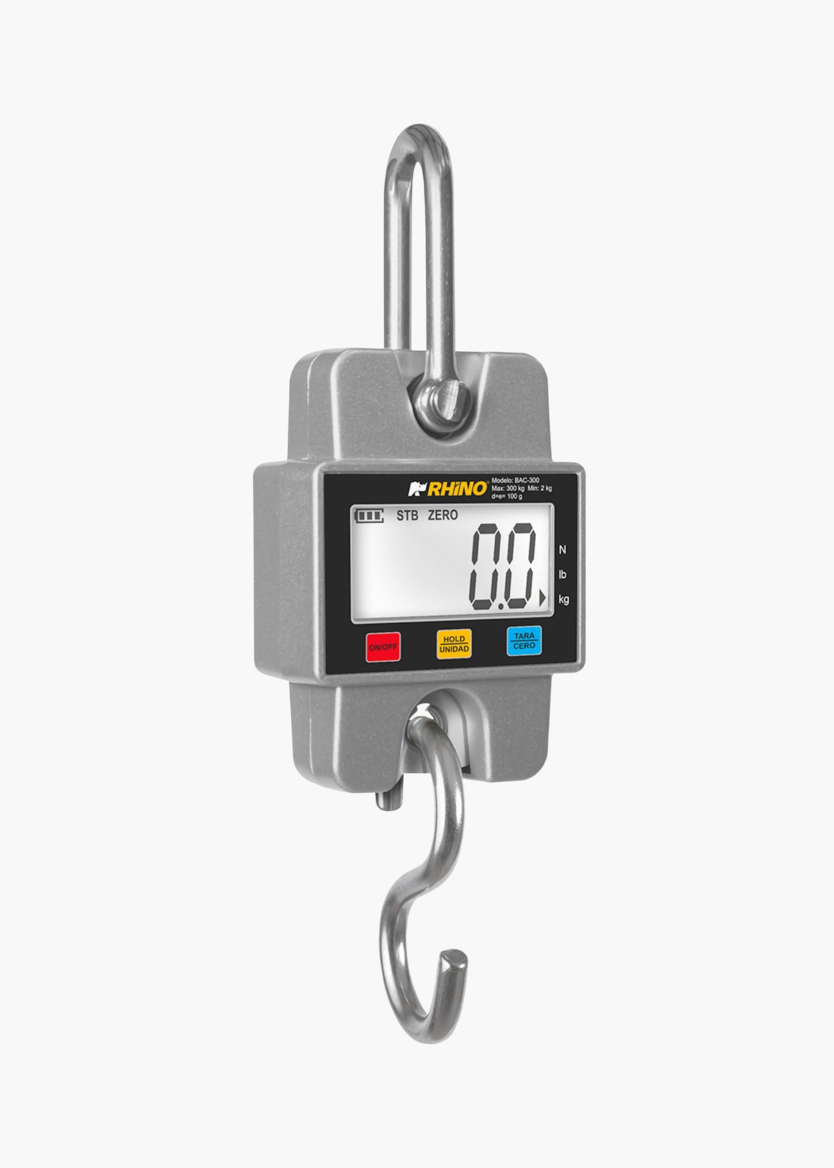 Báscula electrónica colgante Rhino BAC-300 de 300 kg con pantalla digital, argolla superior y gancho en S