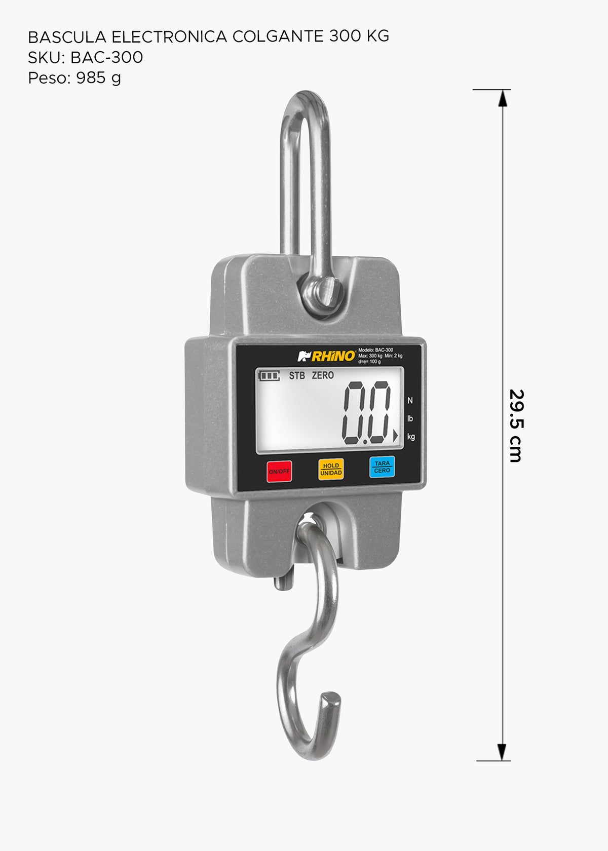 Diagrama de la báscula colgante Rhino BAC-300 de 300 kg con altura indicada de 29.5 cm