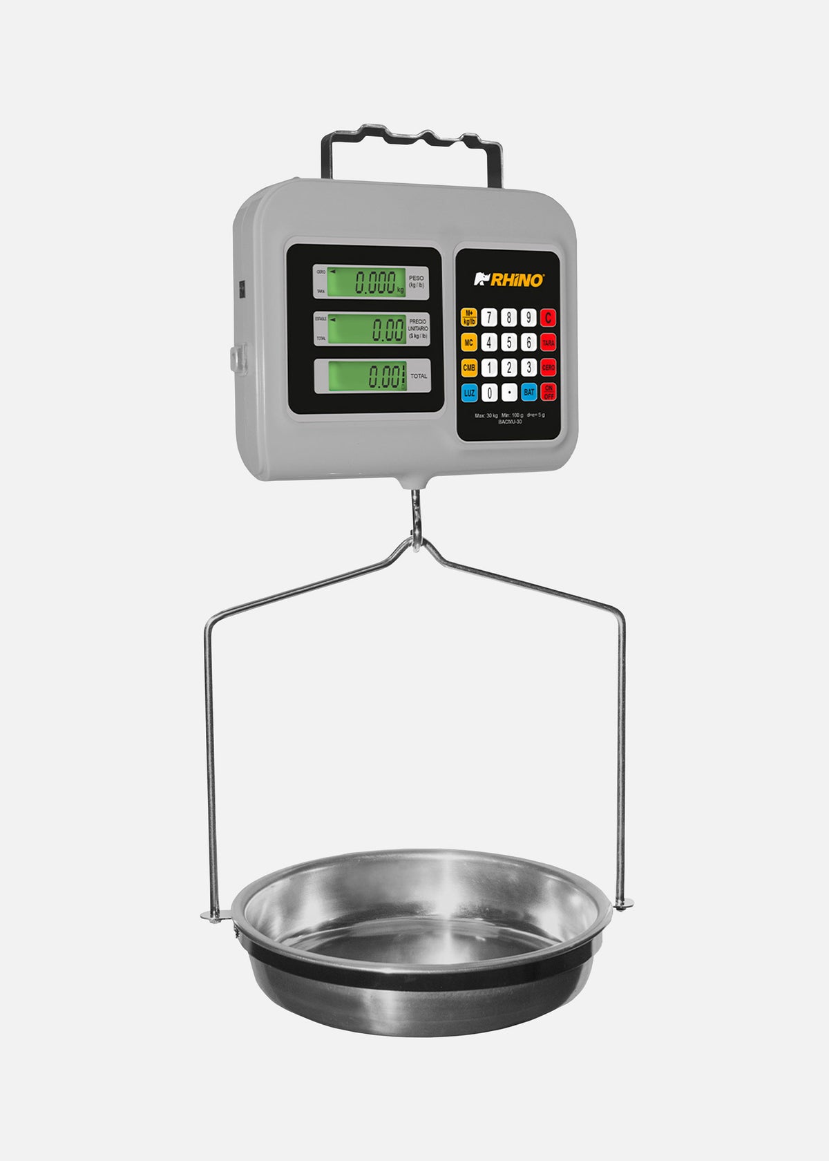 Báscula colgante peso-precio Rhino BACMU-30 de 30 kg con tres pantallas, teclado y plato de acero inoxidable