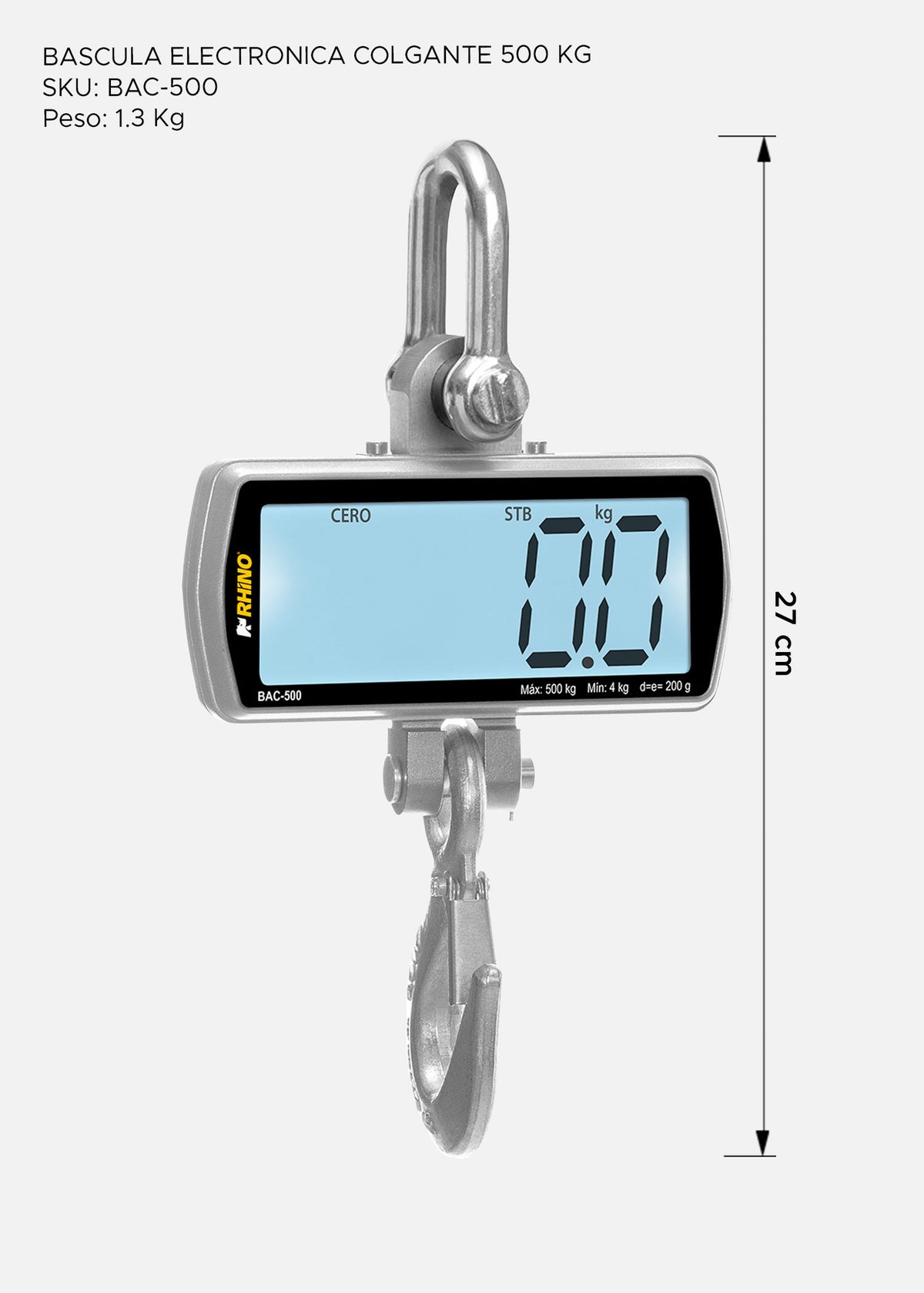 Diagrama de la báscula colgante Rhino BAC-500 de 500 kg con altura indicada de 27 cm