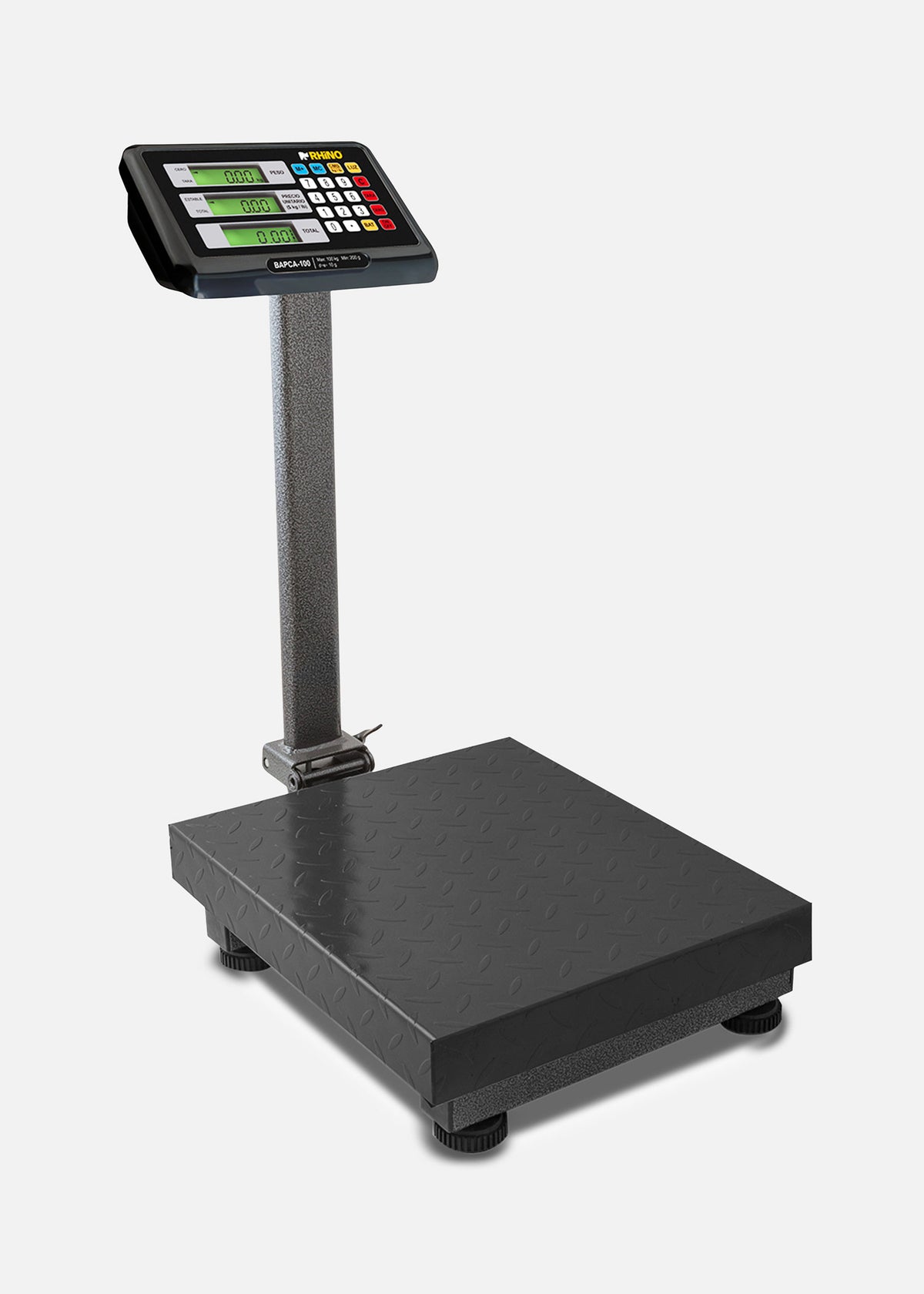 Bascula de plataforma peso / precio con indicador de acero plegable y batería recargable 100 kg división mínima 10 g plato de acero de carbono de 32x42 cm. Rhino BAPCA-100 — imagen de producto