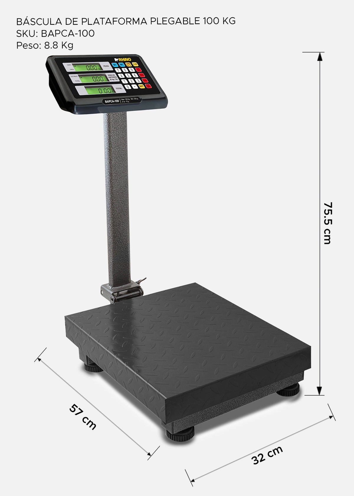 Bascula de plataforma peso / precio con indicador de acero plegable y batería recargable 100 kg división mínima 10 g plato de acero de carbono de 32x42 cm. Rhino BAPCA-100 — imagen de producto
