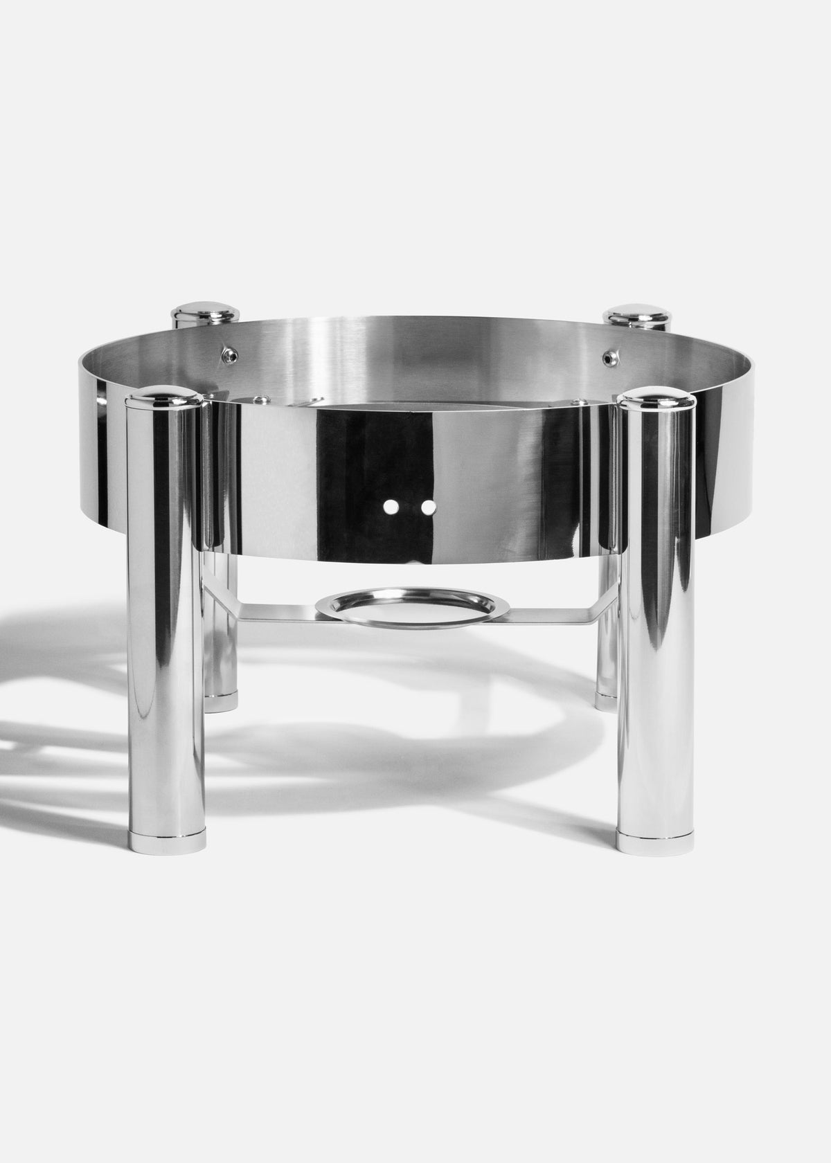 Base para chafer redondo de inducción de 11 L de acero inoxidable plata, vista completa.