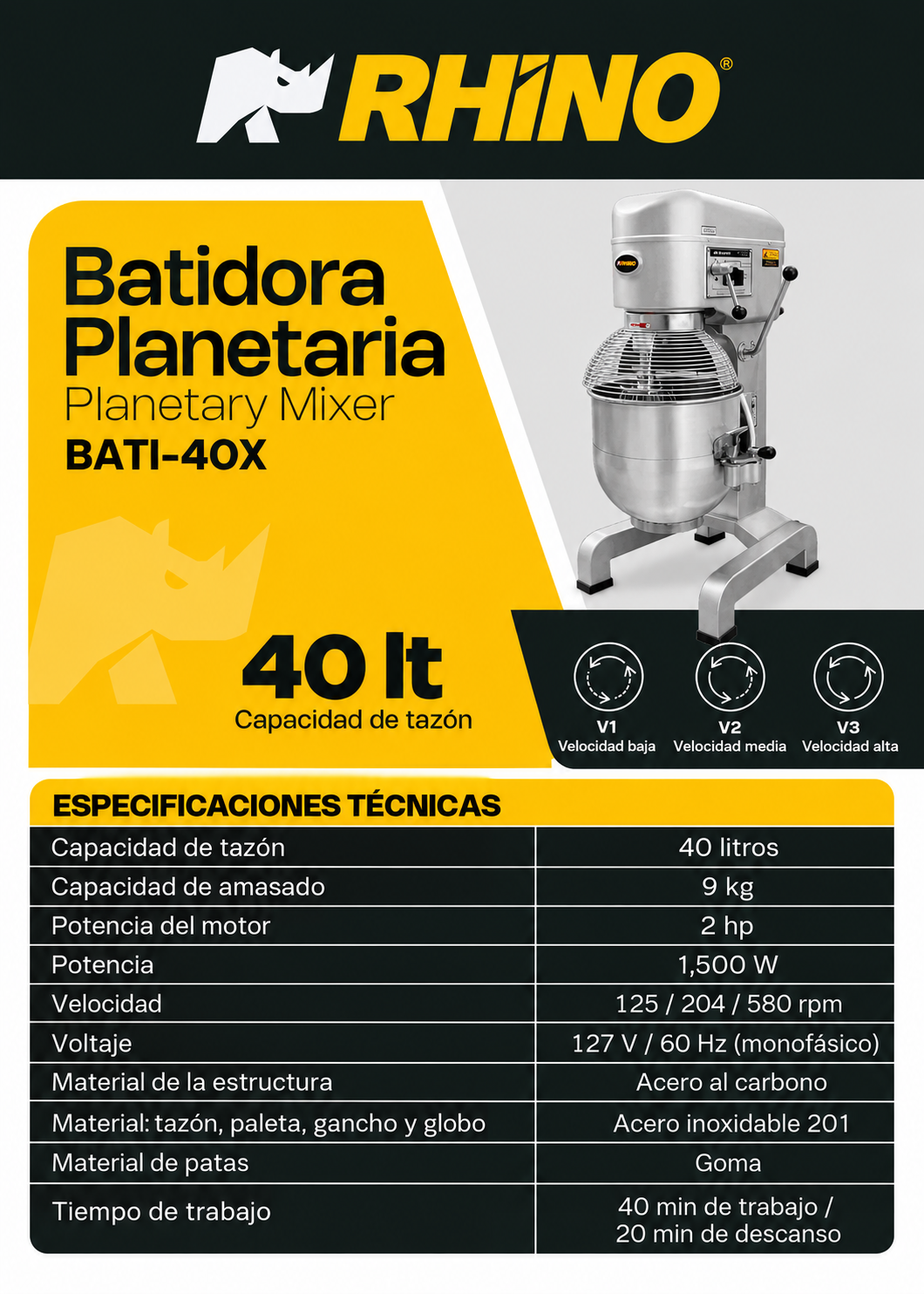 Batidora planetaria de acero inoxidable plata 40 L, amasado 9 kg