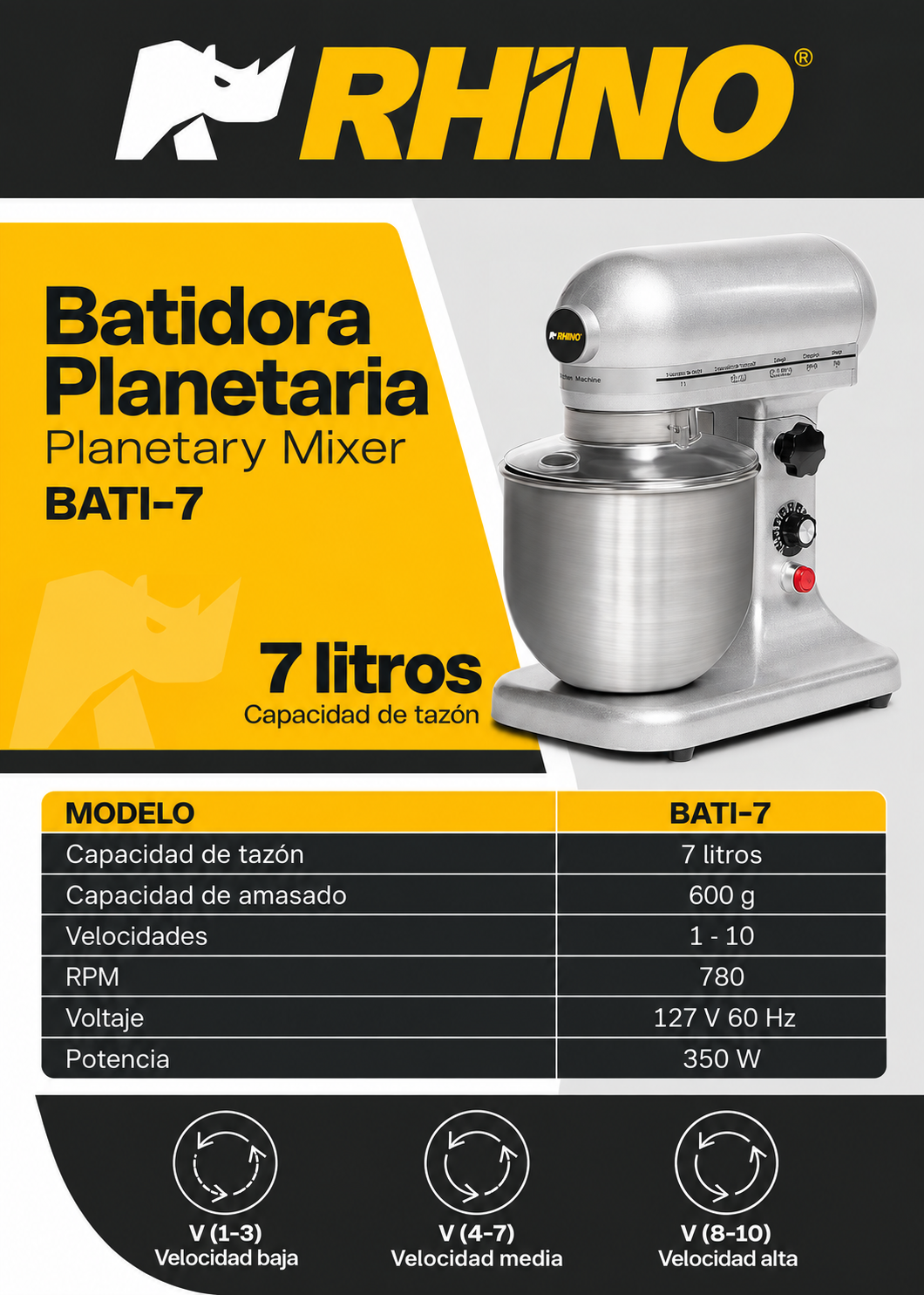 Batidora planetaria de acero inoxidable plata 7 L, amasado 600 g