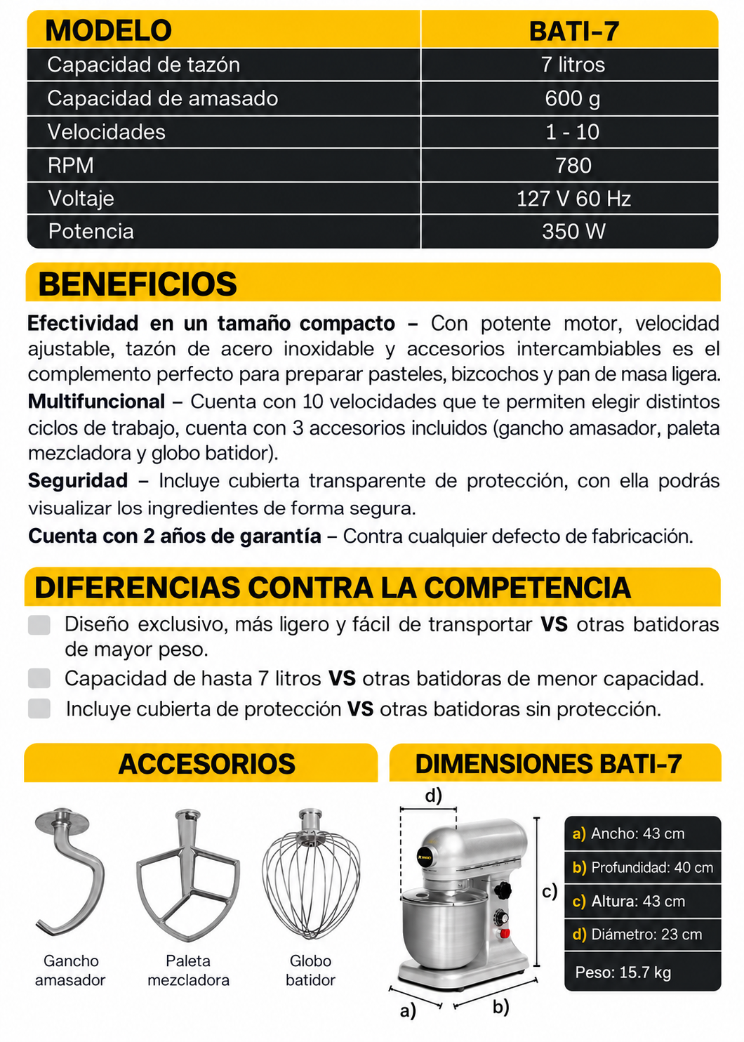 Batidora planetaria de acero inoxidable plata 7 L, amasado 600 g