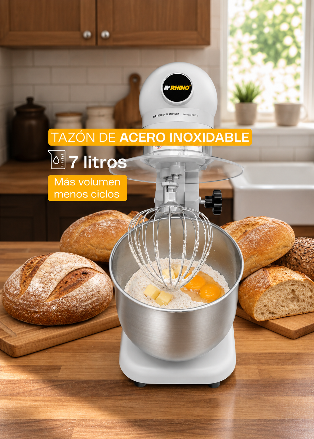Batidora planetaria de acero inoxidable plata 7 L, amasado 600 g