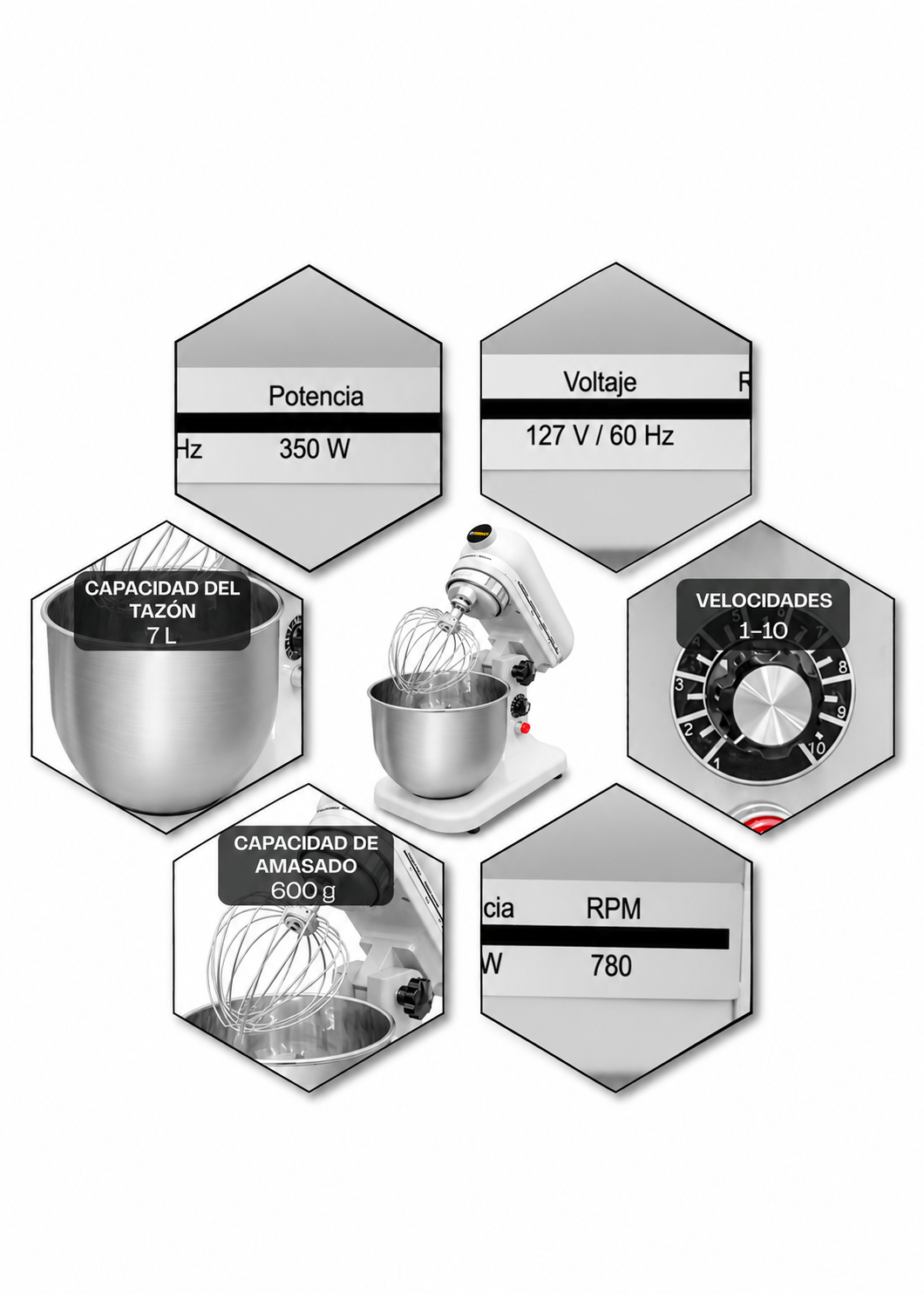 Batidora planetaria de acero inoxidable plata 7 L, amasado 600 g