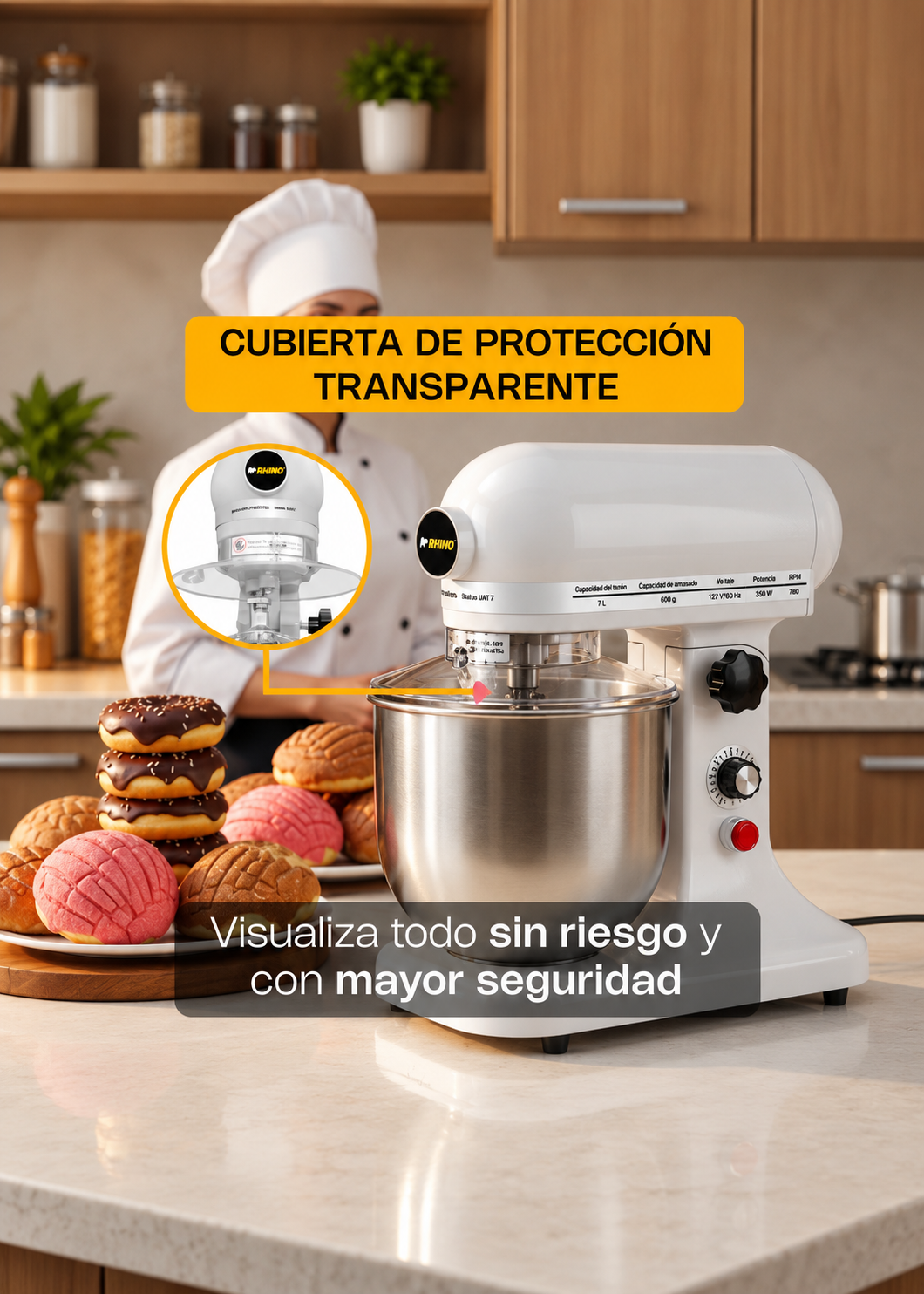 Batidora planetaria de acero inoxidable plata 7 L, amasado 600 g