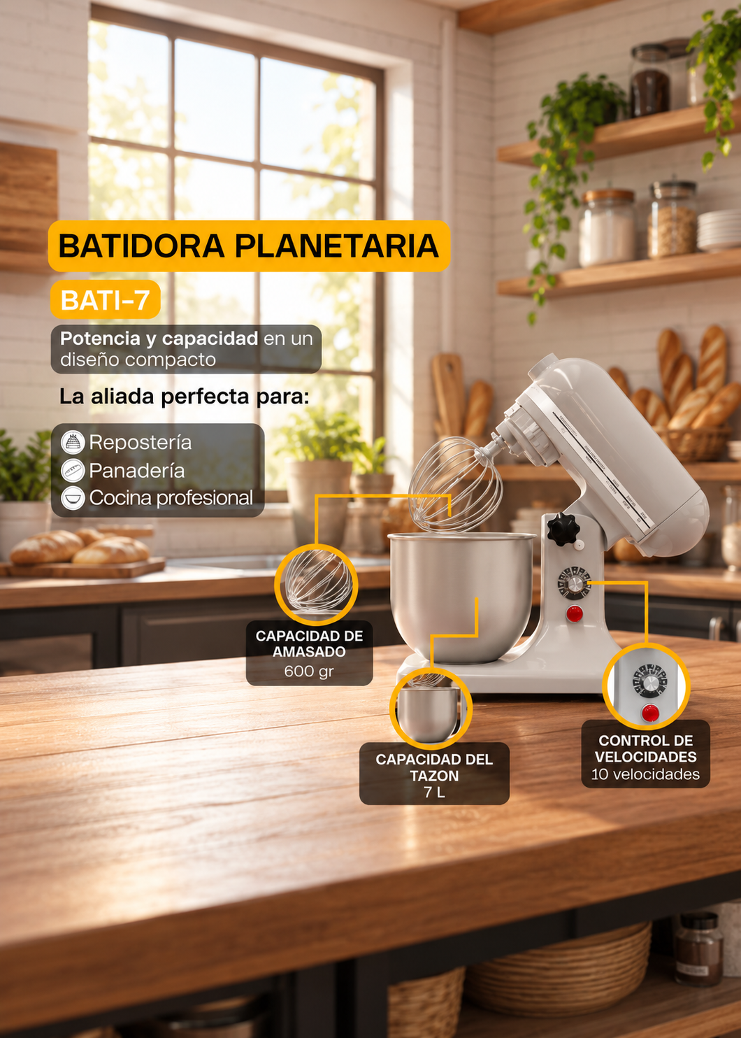 Batidora planetaria de acero inoxidable plata 7 L, amasado 600 g