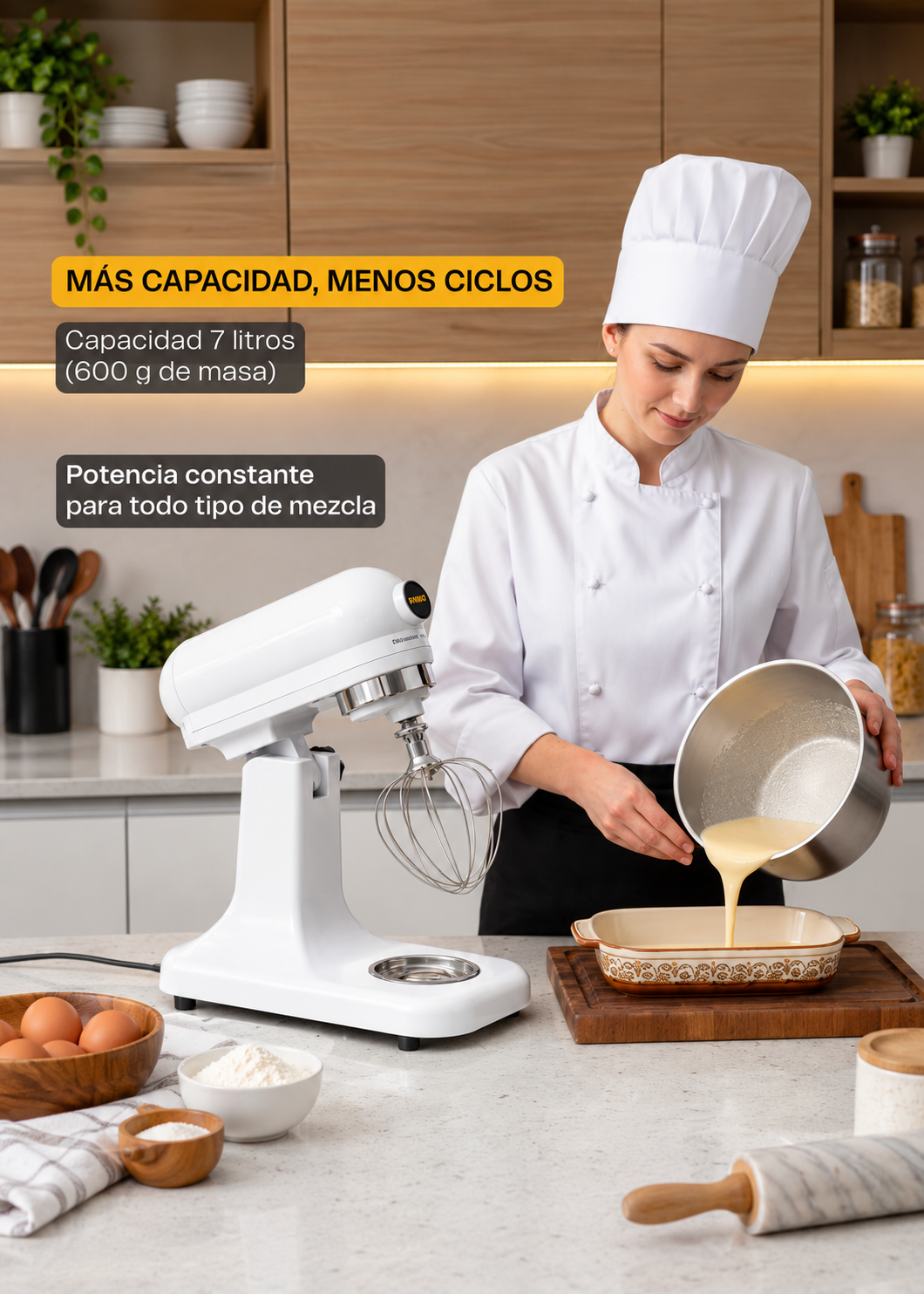 Batidora planetaria de acero inoxidable plata 7 L, amasado 600 g