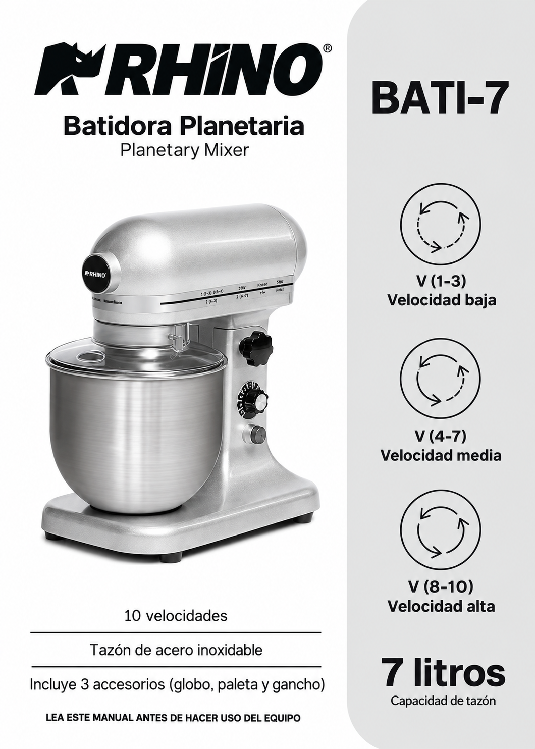 Batidora planetaria de acero inoxidable plata 7 L, amasado 600 g
