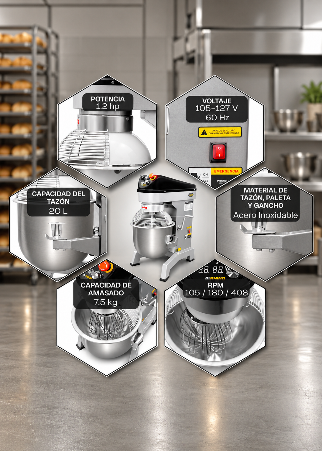 Detalle de la batidora planetaria profesional de 20 L en acero inoxidable 201, imagen 17