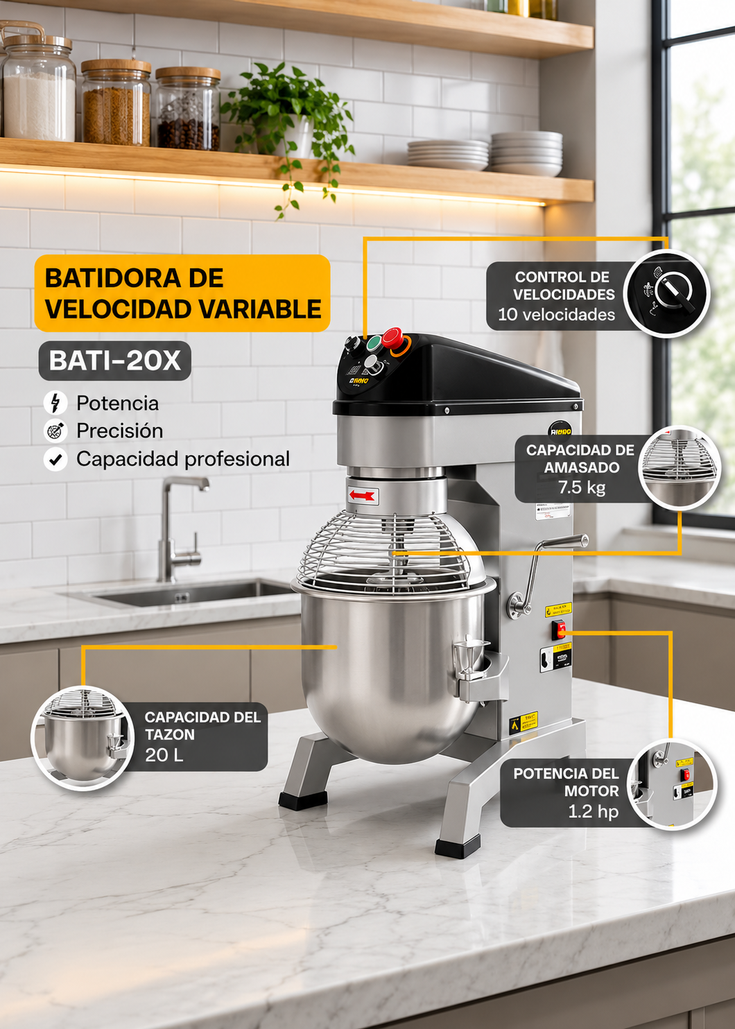 Detalle de la batidora planetaria profesional de 20 L en acero inoxidable 201, imagen 9