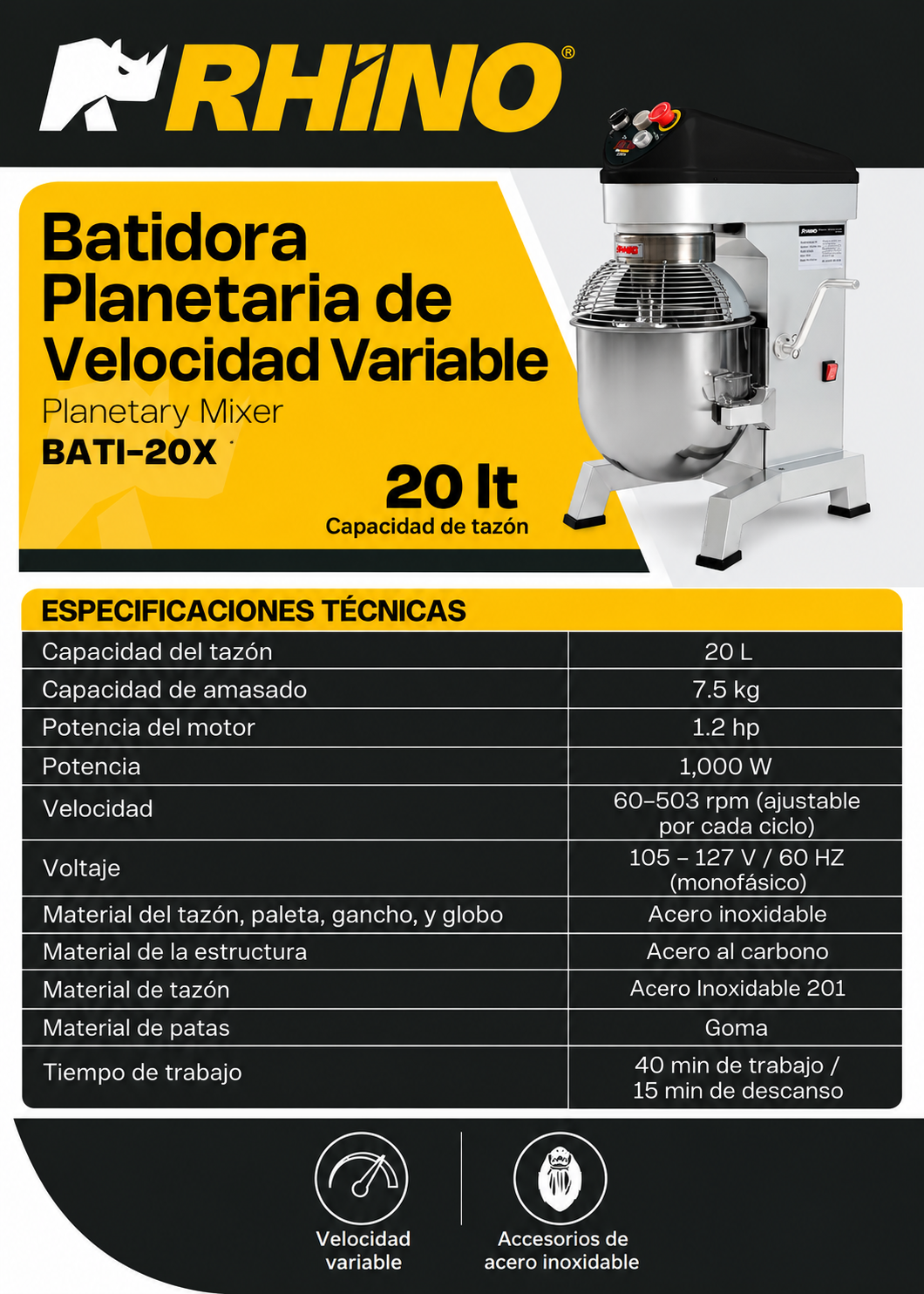 Batidora planetaria profesional de 20 L en acero inoxidable 201, vista de producto