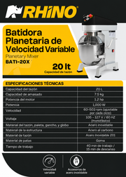 Batidora planetaria profesional de 20 L en acero inoxidable 201, vista de producto