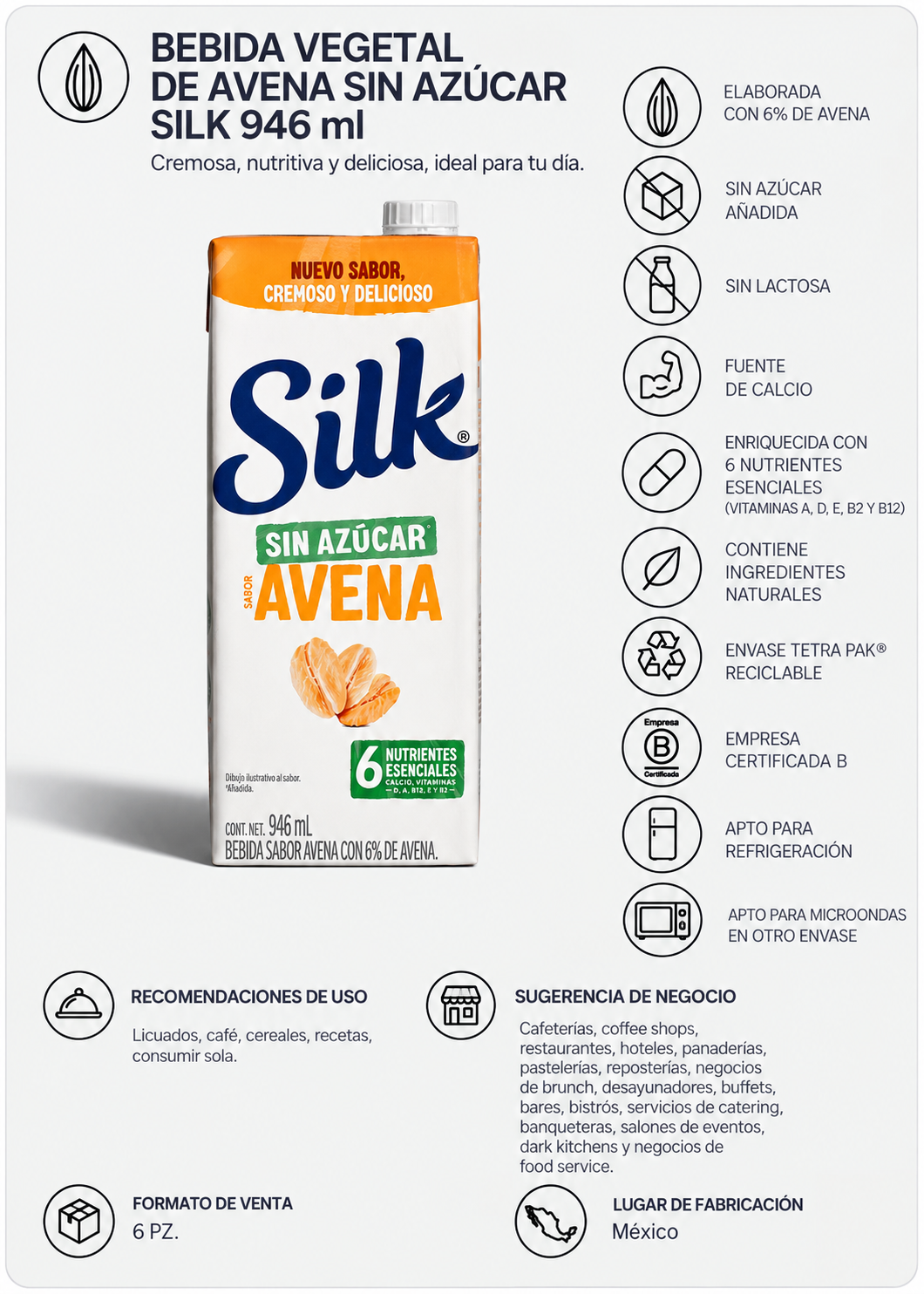 Bebida vegetal de avena Silk sin azúcar