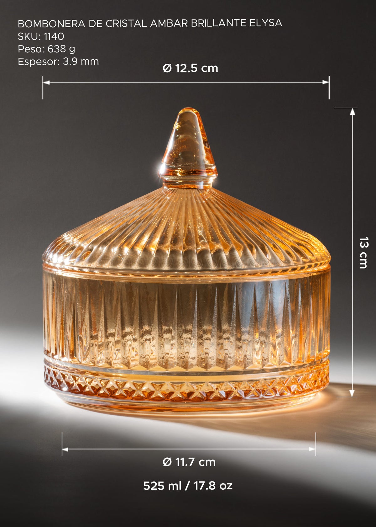 Medidas de la bombonera Elysa de 525 ml: alto de 13 cm, diámetro superior de 12.5 cm y base de 11.7 cm.