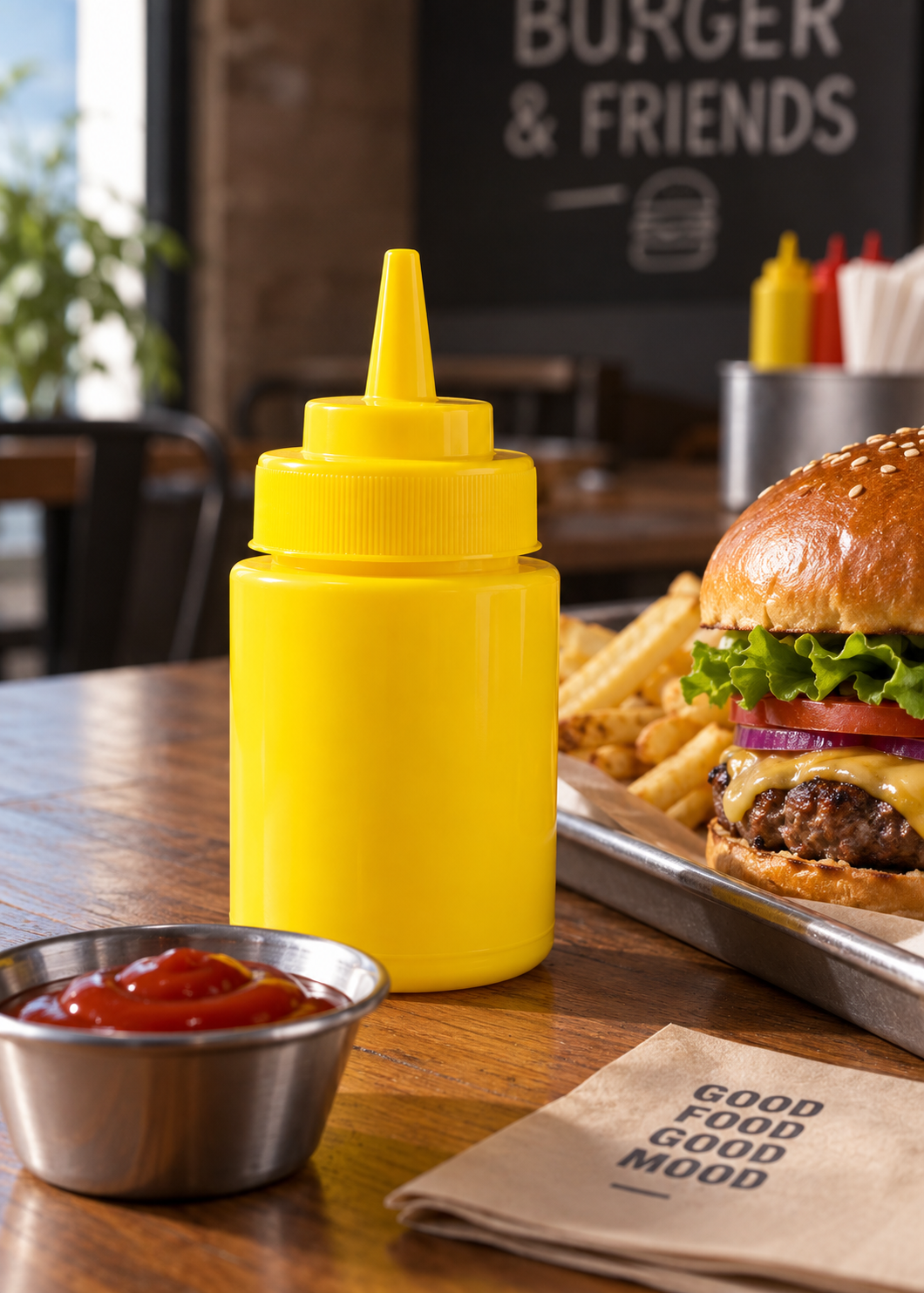Dispensador de salsas amarillo para restaurante